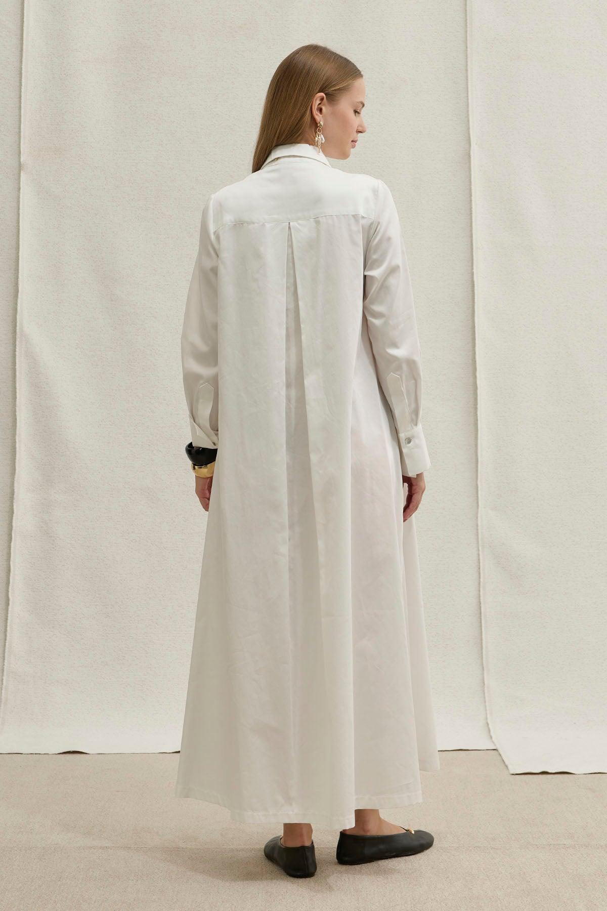 Soft Cotton Yarım Düğmeli Beyaz Uzun Gömlek Elbise