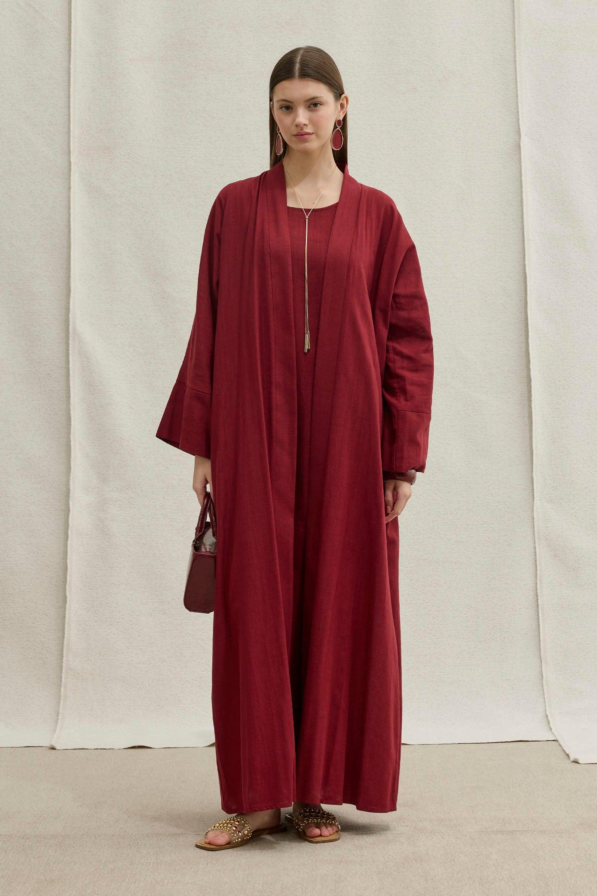 Soft Cotton Linen Two-Piece Burgundy Abaya Set