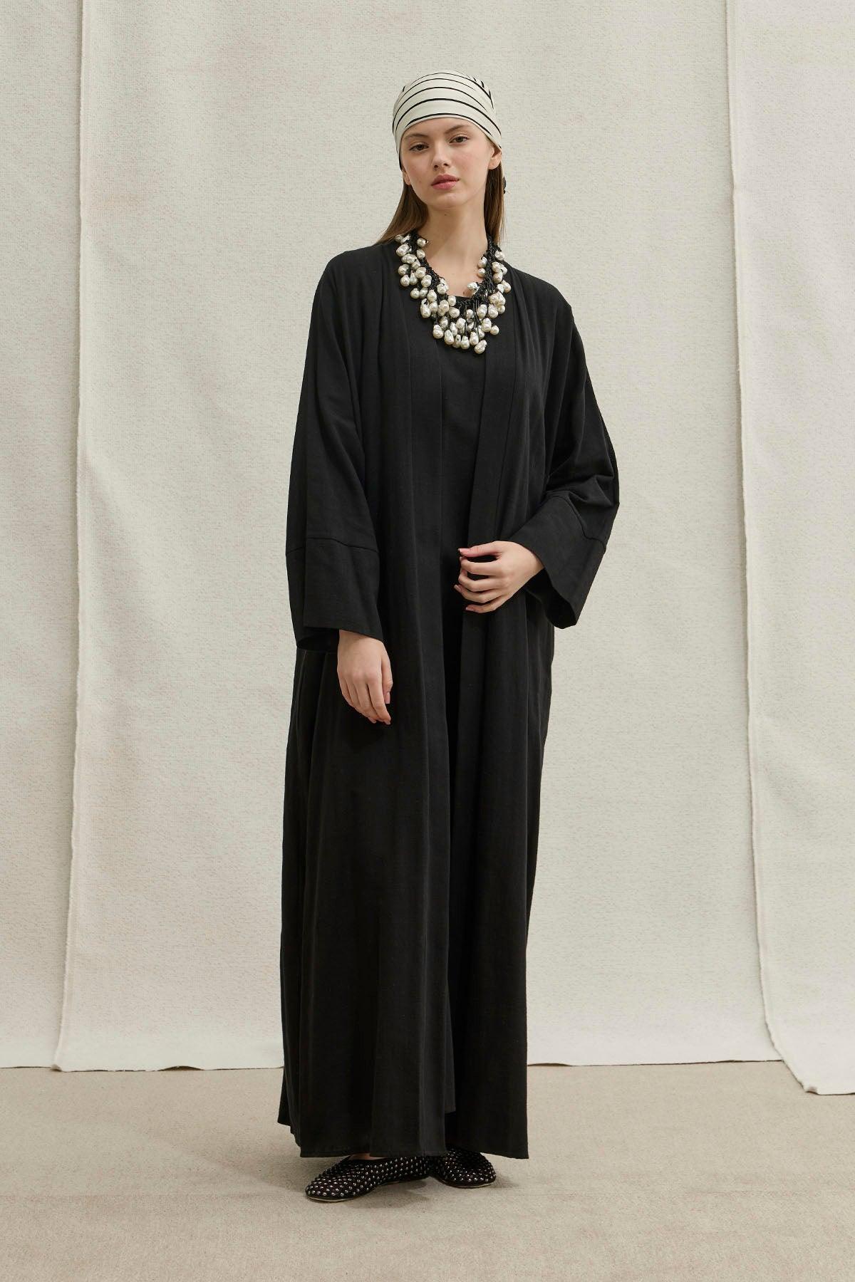 Soft Cotton Linen Two-Piece Black Abaya Set