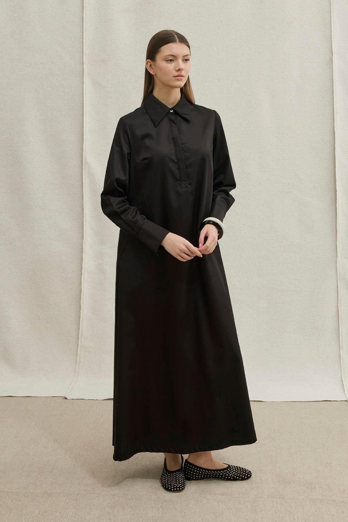 Soft Cotton Yarım Düğmeli Siyah Uzun Gömlek Elbise