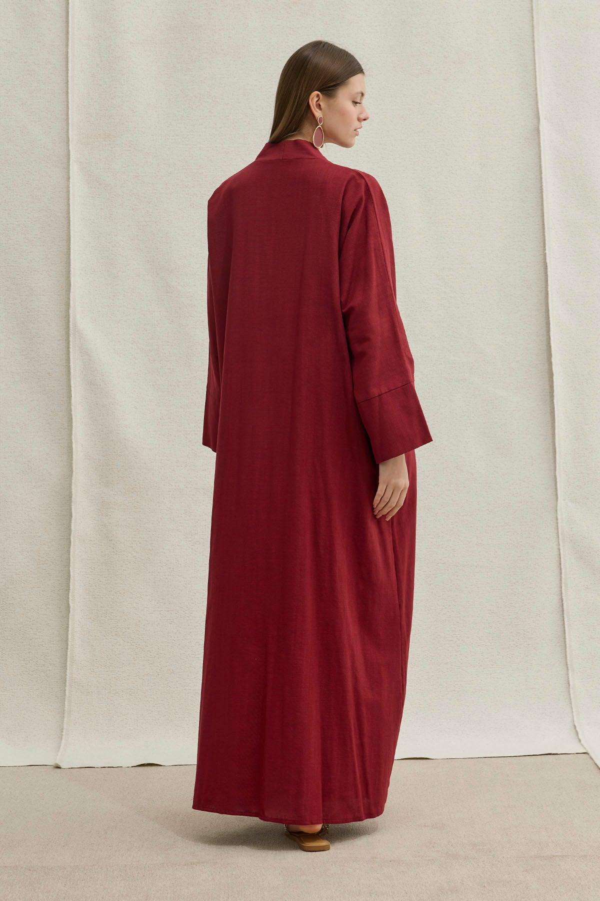 Soft Cotton Linen Two-Piece Burgundy Abaya Set