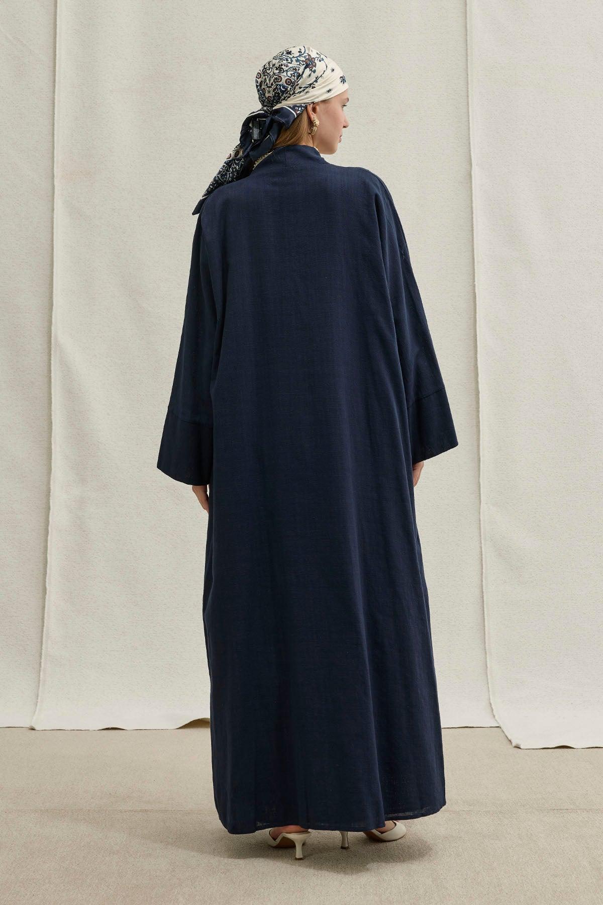 Soft Cotton Linen Two-Piece Navy Blue Abaya Set