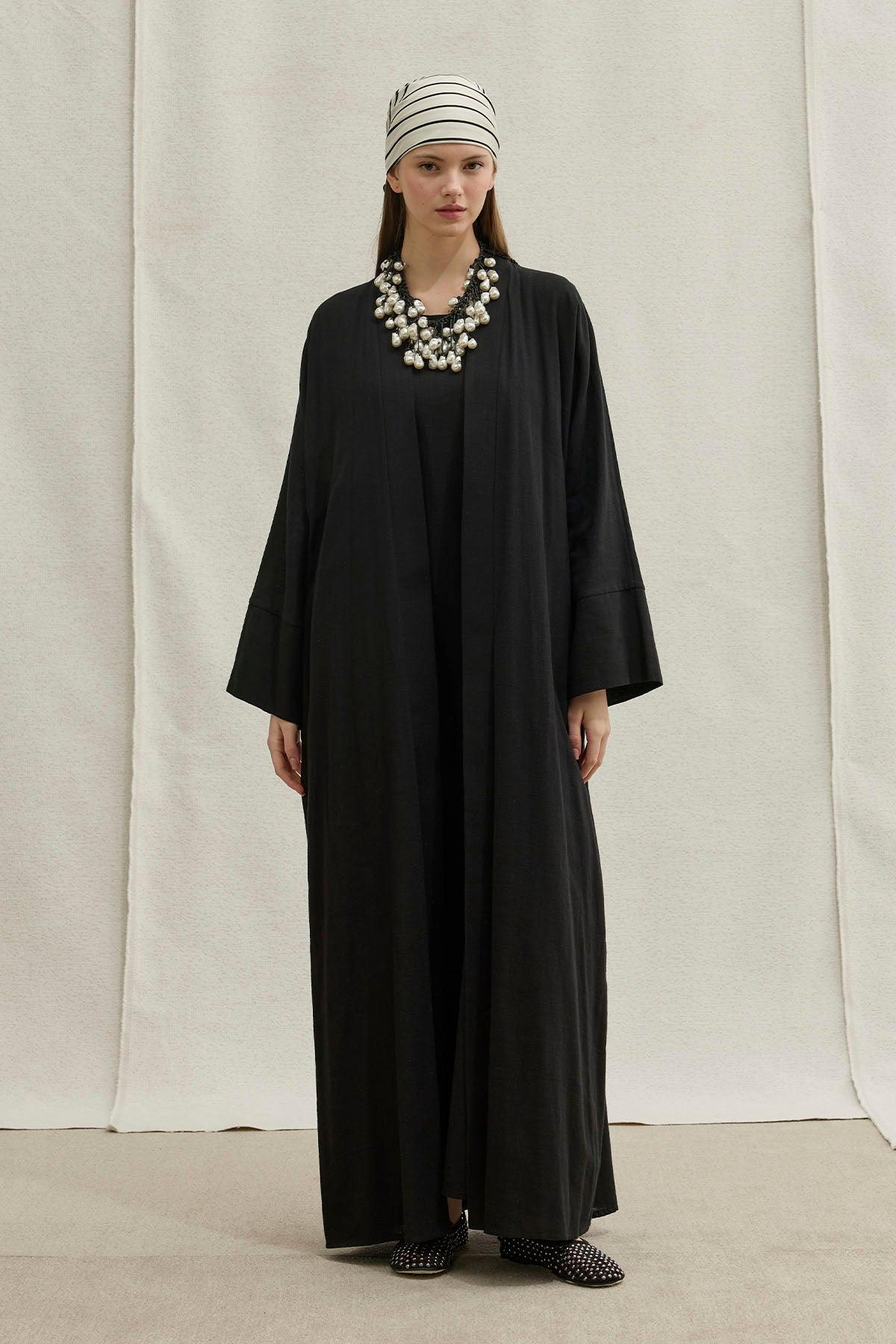 Soft Cotton Linen Two-Piece Black Abaya Set