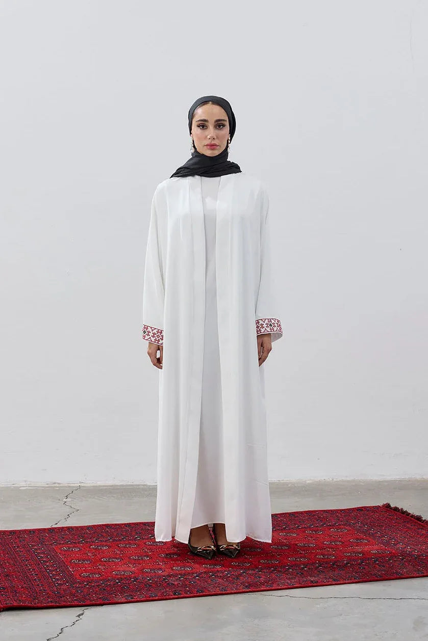 Beyaz Dubai Kumaş Kırmızı Harita Nakışlı Abaya - VIADEL Atelier