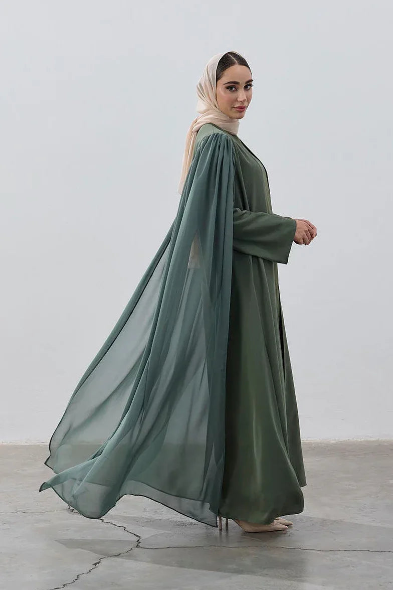 Haki Yeşil Şifon Pelerin Abaya - VIADEL Atelier
