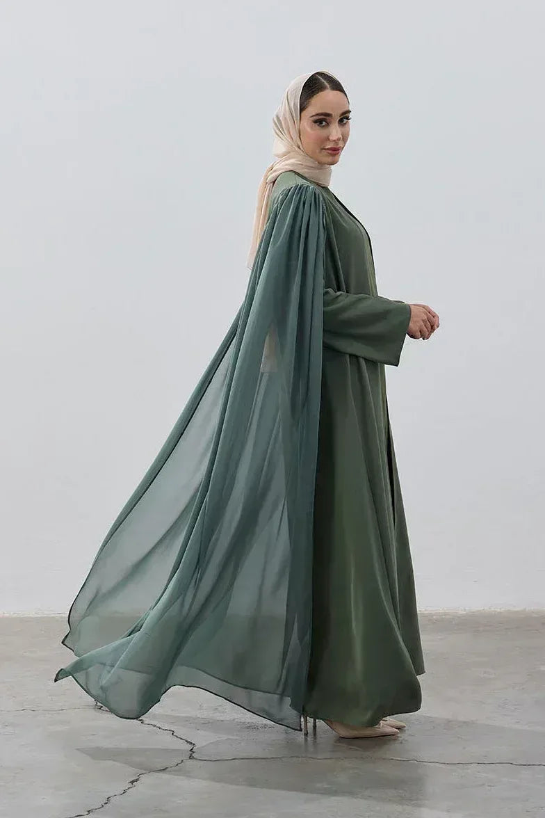 Haki Yeşil Şifon Pelerin Abaya - VIADEL Atelier
