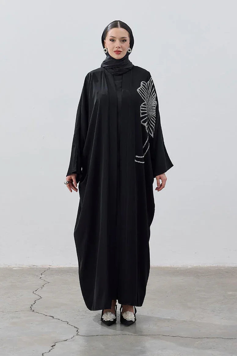 Taş İşlemeli Büyük Çiçek Siyah Abaya - VIADEL Atelier