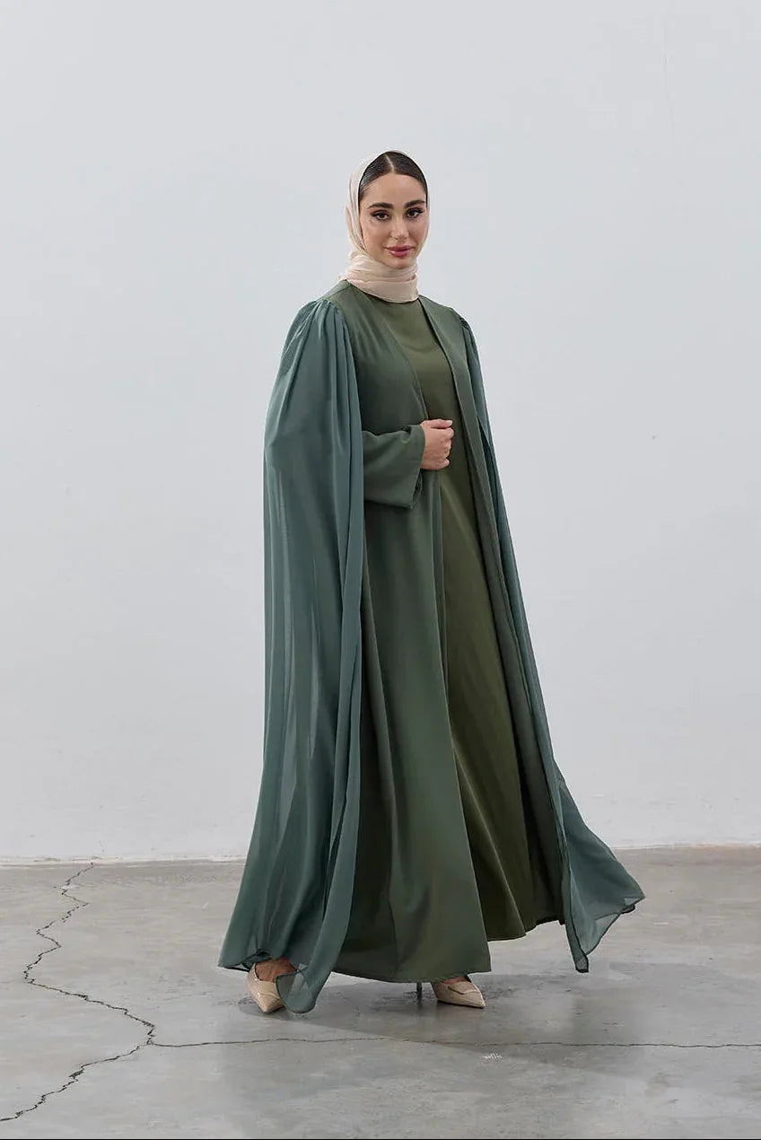 Haki Yeşil Şifon Pelerin Abaya - VIADEL Atelier