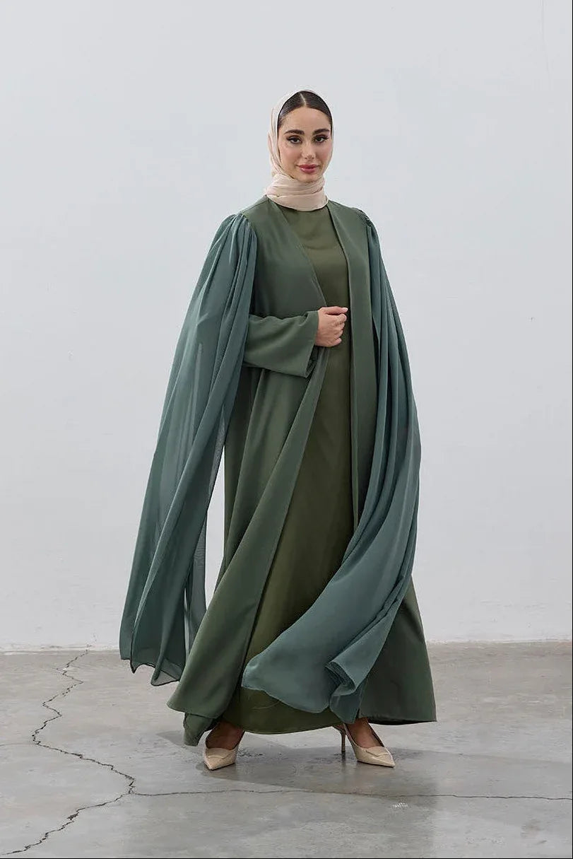 Haki Yeşil Şifon Pelerin Abaya - VIADEL Atelier