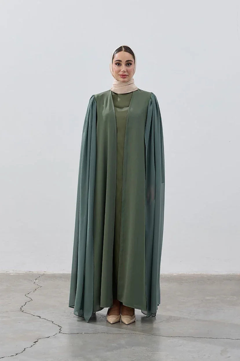 Haki Yeşil Şifon Pelerin Abaya - VIADEL Atelier