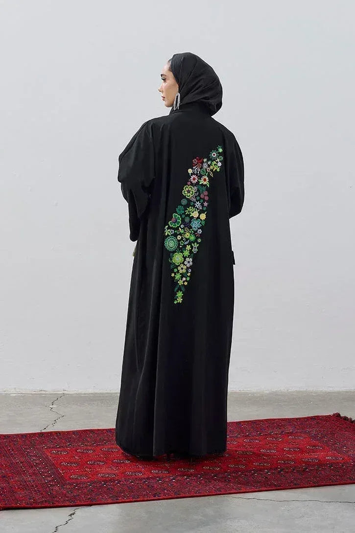 Tasarım Sırt Çiçek Motifli Nakış İşlemeli Abaya - VIADEL Atelier