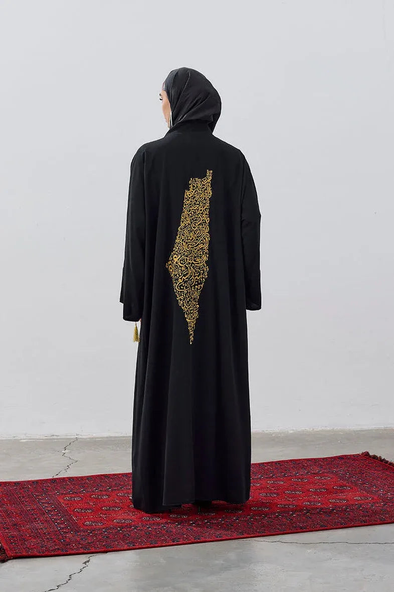 Tasarım Sırt Şehir Haritalı Nakış İşlemeli Abaya - VIADEL Atelier