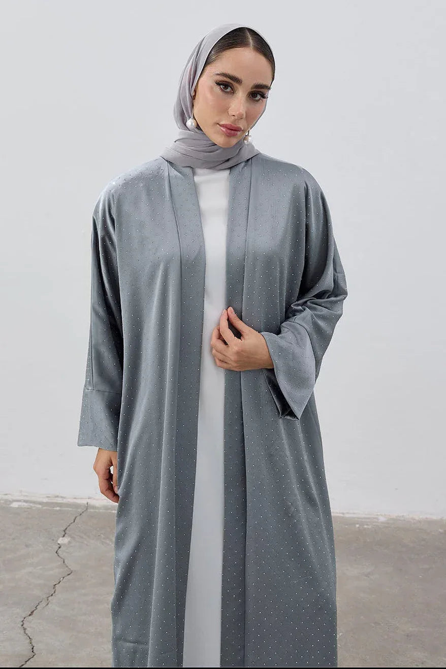 Taşlı Kum Saten Yırtmaçlı Abaya - VIADEL Atelier