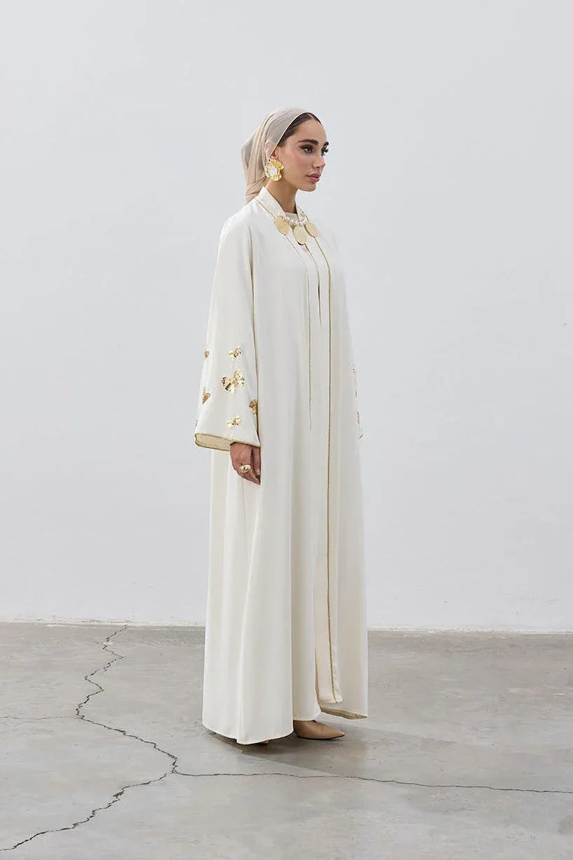 Pullu Kelebek Kol Detaylı Şerit Abaya - VIADEL Atelier