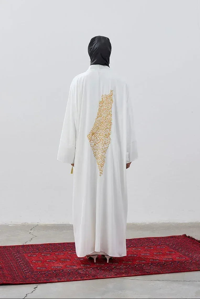 Tasarım Sırt Şehir Haritalı Nakış İşlemeli Abaya - VIADEL Atelier
