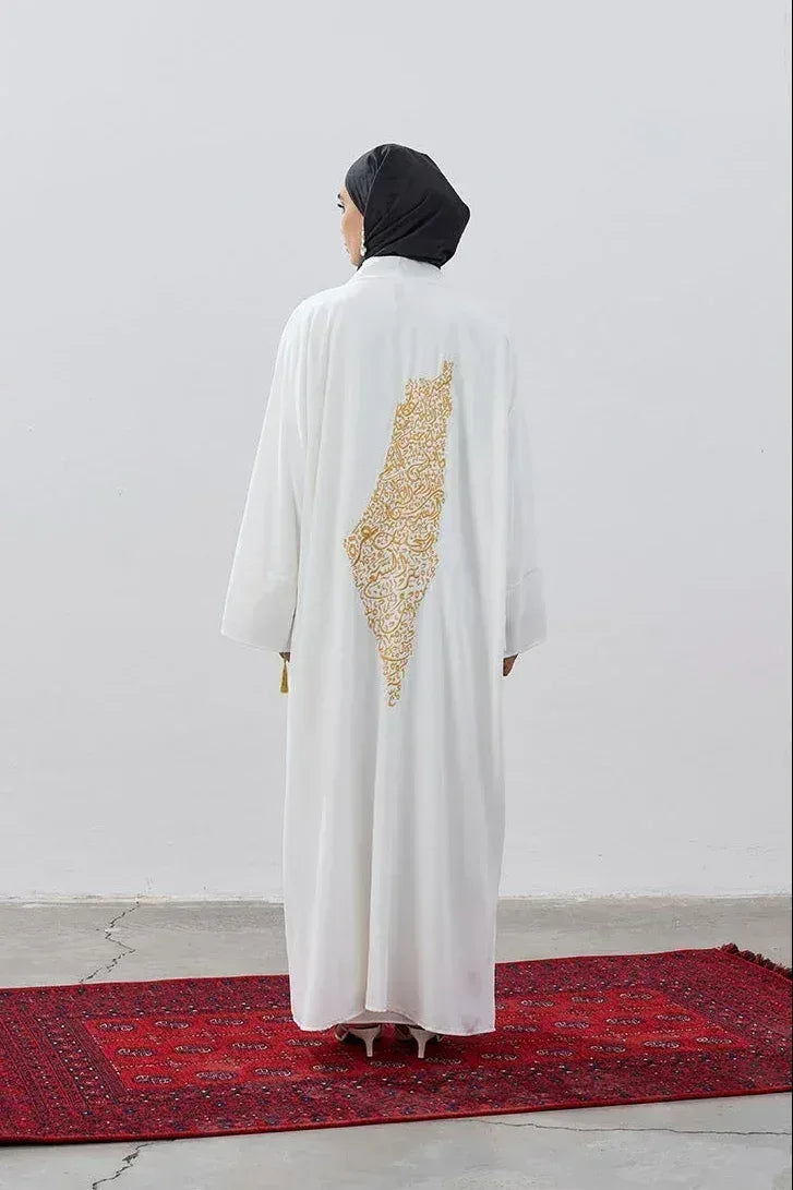 Tasarım Sırt Şehir Haritalı Nakış İşlemeli Abaya - VIADEL Atelier