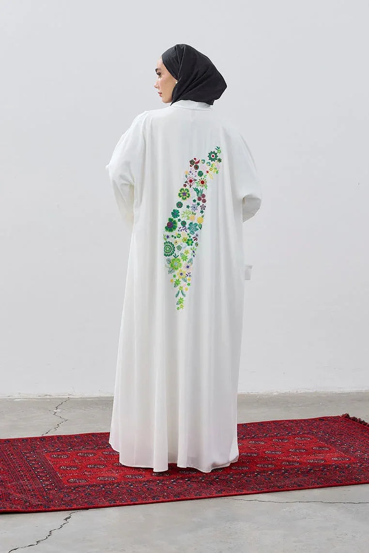 Tasarım Sırt Çiçek Motifli Nakış İşlemeli Abaya - VIADEL Atelier