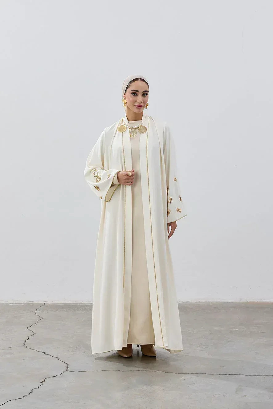 Pullu Kelebek Kol Detaylı Şerit Abaya - VIADEL Atelier