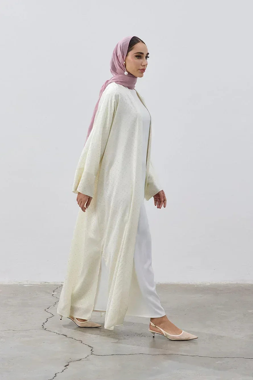 Taşlı Kum Saten Yırtmaçlı Abaya - VIADEL Atelier