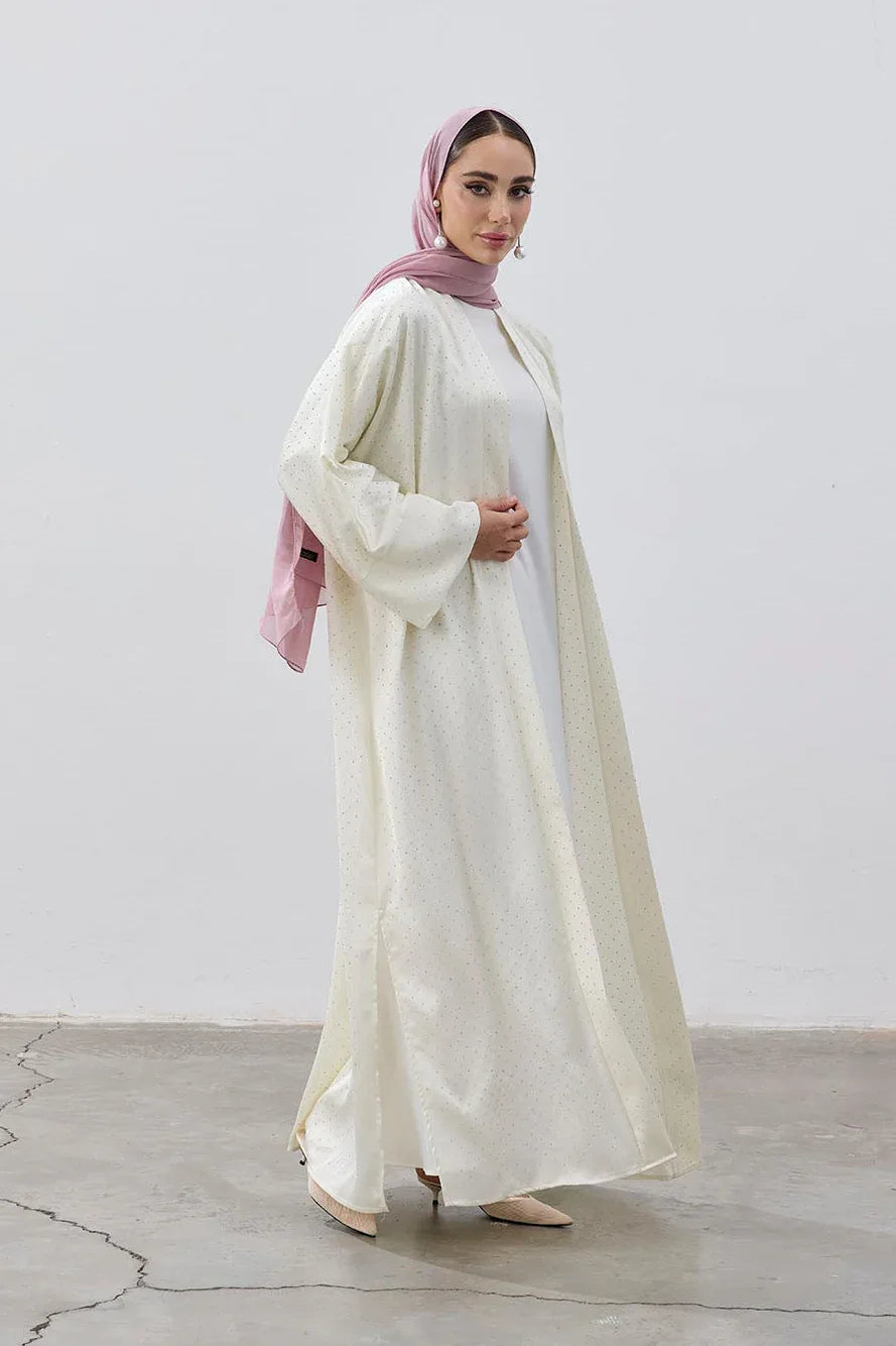 Taşlı Kum Saten Yırtmaçlı Abaya - VIADEL Atelier