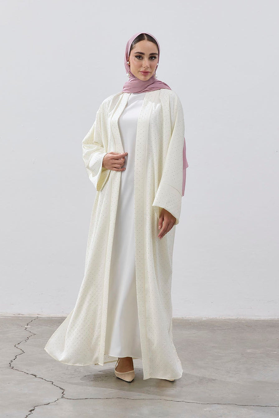 Taşlı Kum Saten Yırtmaçlı Abaya