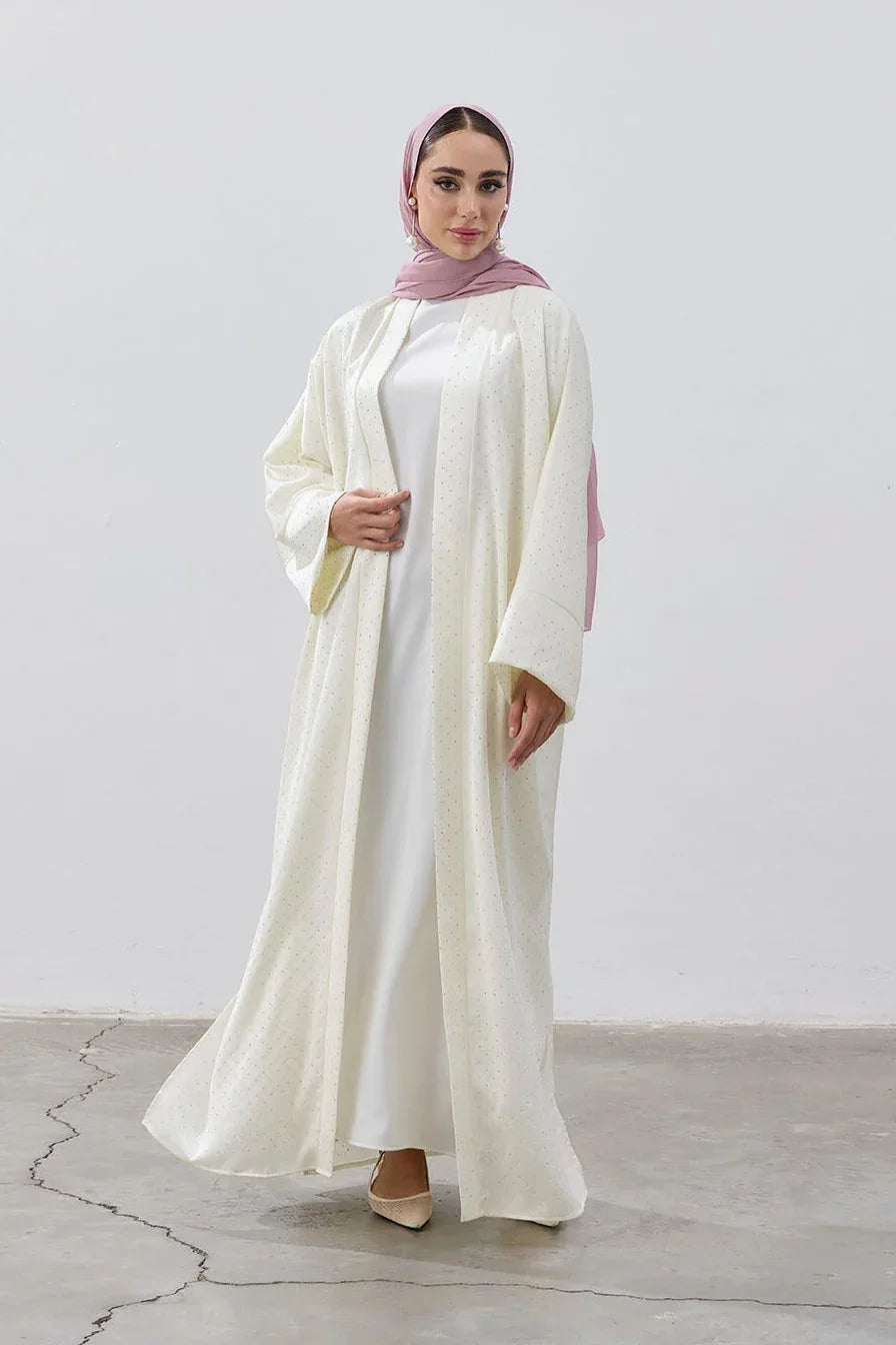Taşlı Kum Saten Yırtmaçlı Abaya - VIADEL Atelier