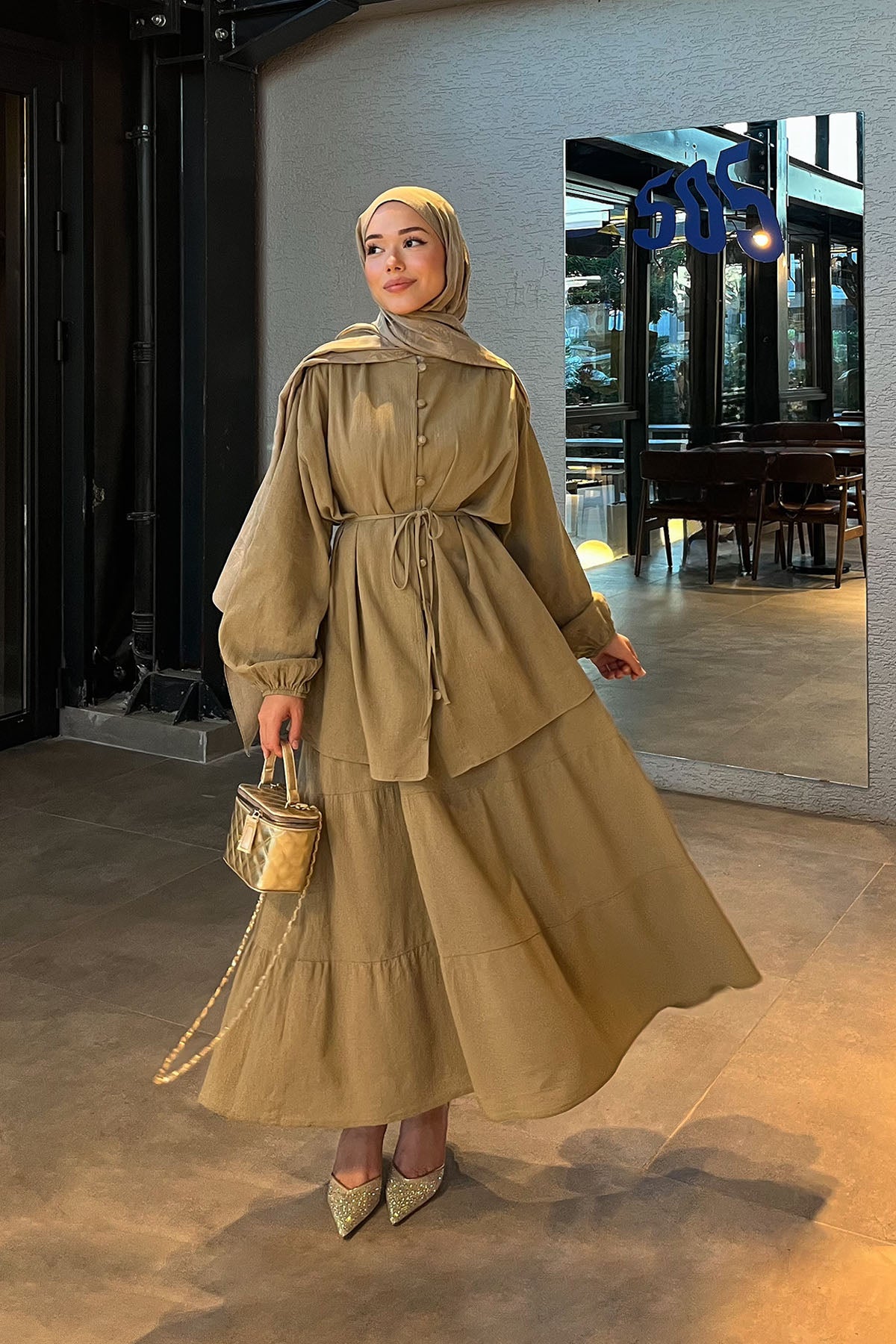 Bürümcük Keten Önden Düğmeli Kahverengi Tunik Etek Takım