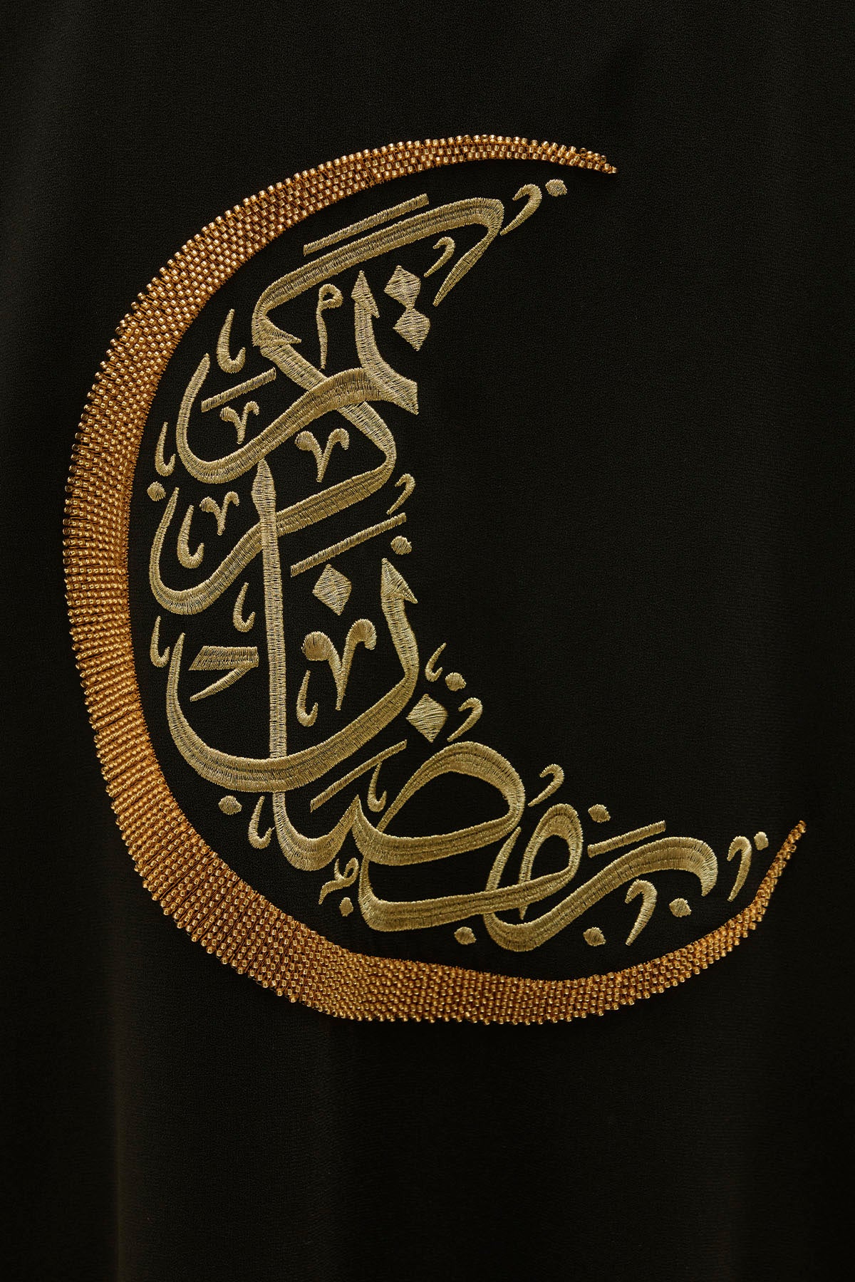 Ramazan Kerim Yazılı Gold Hilal İşlemeli Geniş Kol Uzun Siyah Abaya