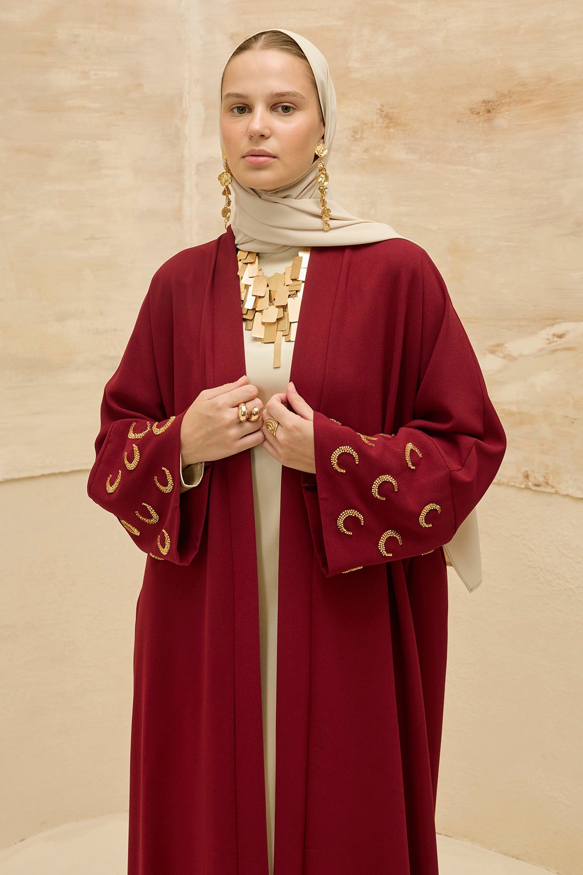Ramazan Kerim Yazılı Gold Hilal İşlemeli Geniş Kol Uzun Bordo Abaya