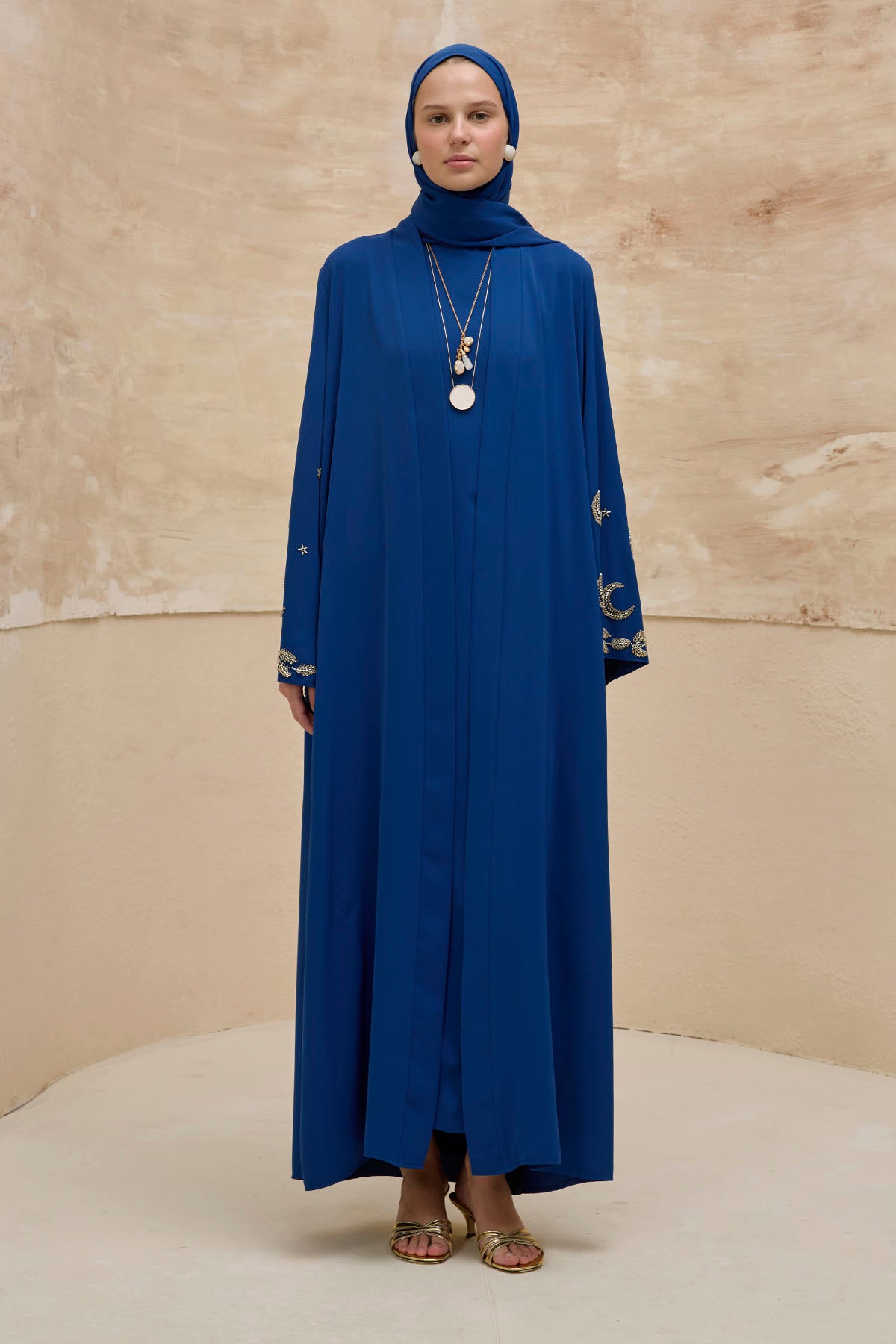 Gold Hilal Yıldız Nakışlı Tesettür Geniş Kol Uzun Saks Mavi Abaya