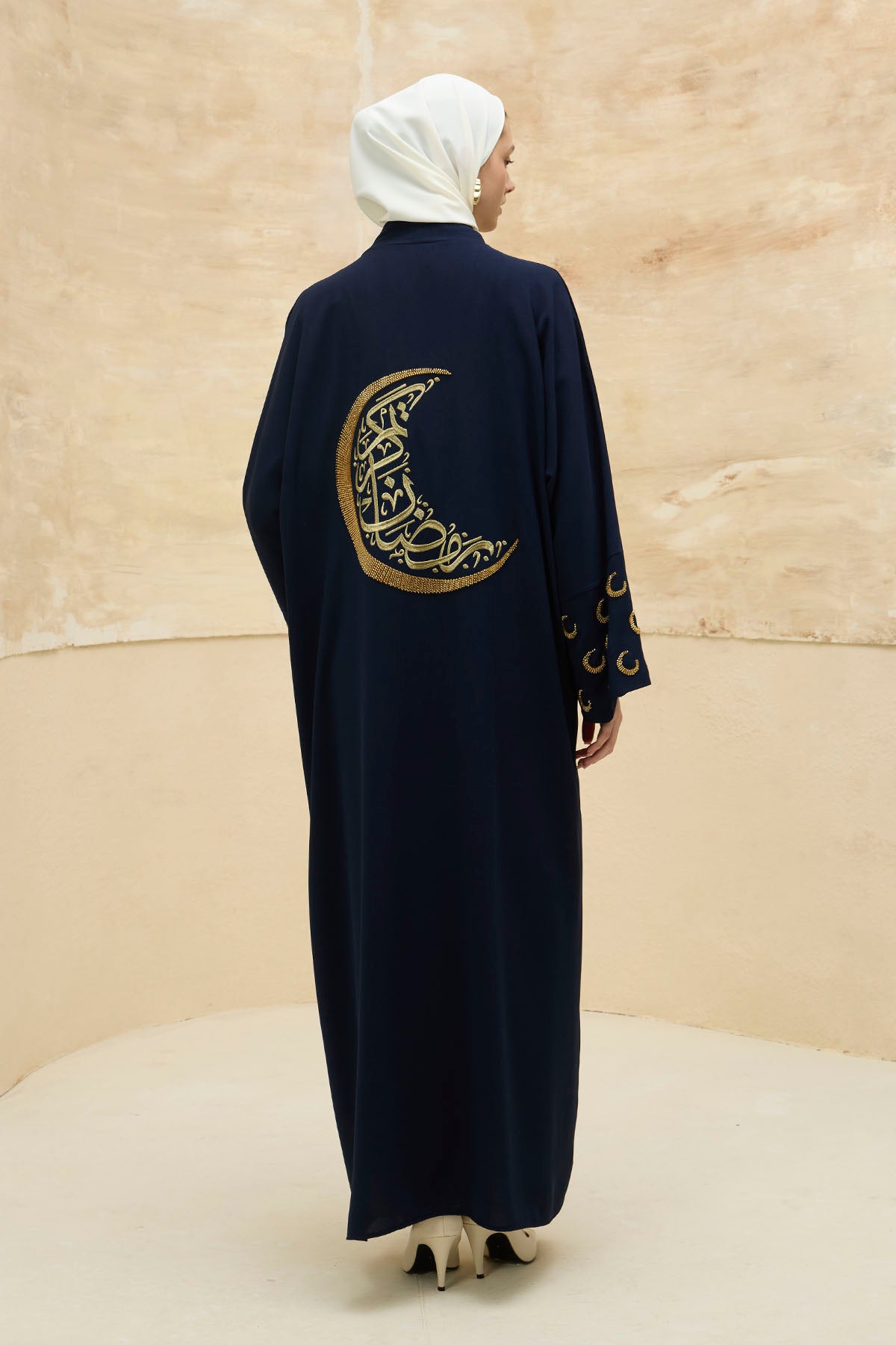 Ramazan Kerim Yazılı Gold Hilal İşlemeli Geniş Kol Uzun Lacivert Abaya