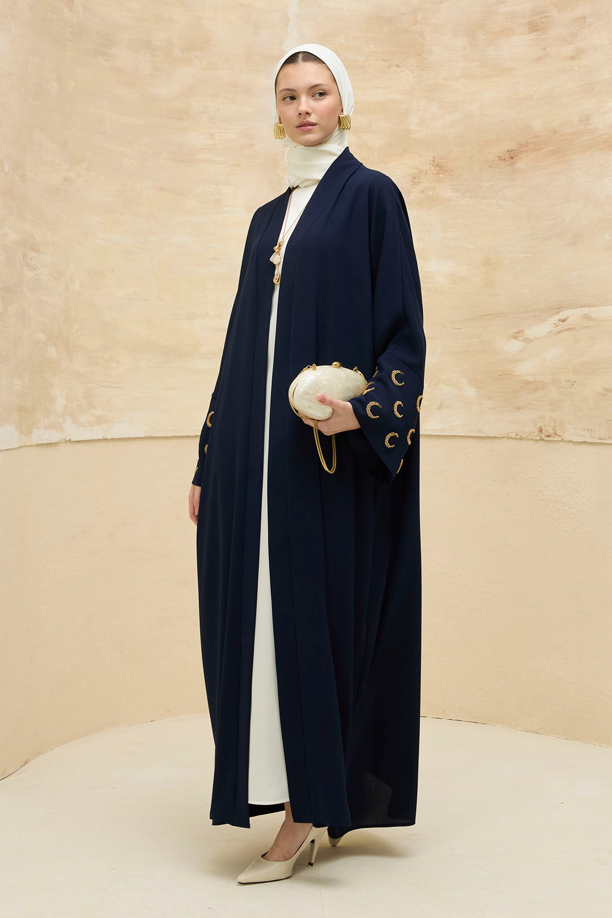 Ramazan Kerim Yazılı Gold Hilal İşlemeli Geniş Kol Uzun Lacivert Abaya