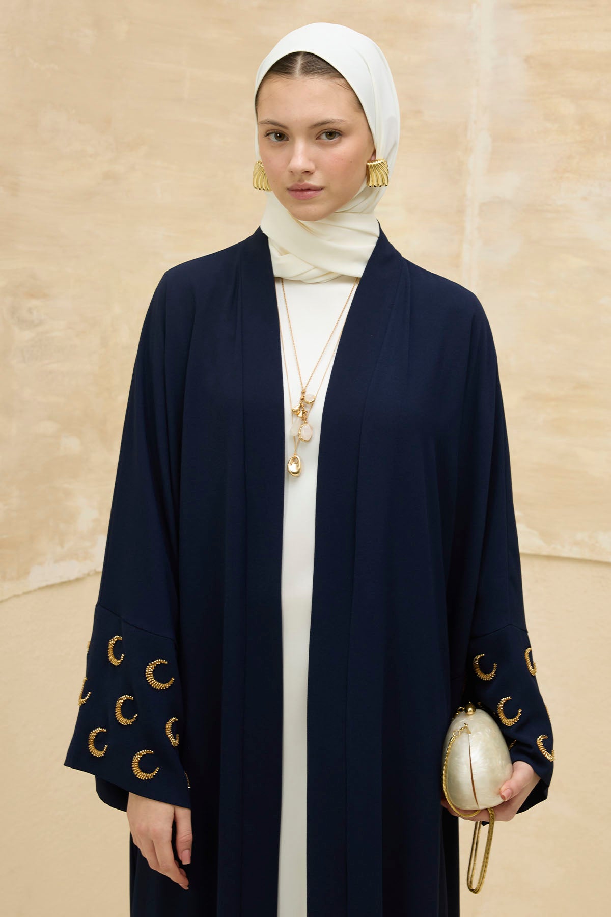 Ramazan Kerim Yazılı Gold Hilal İşlemeli Geniş Kol Uzun Lacivert Abaya