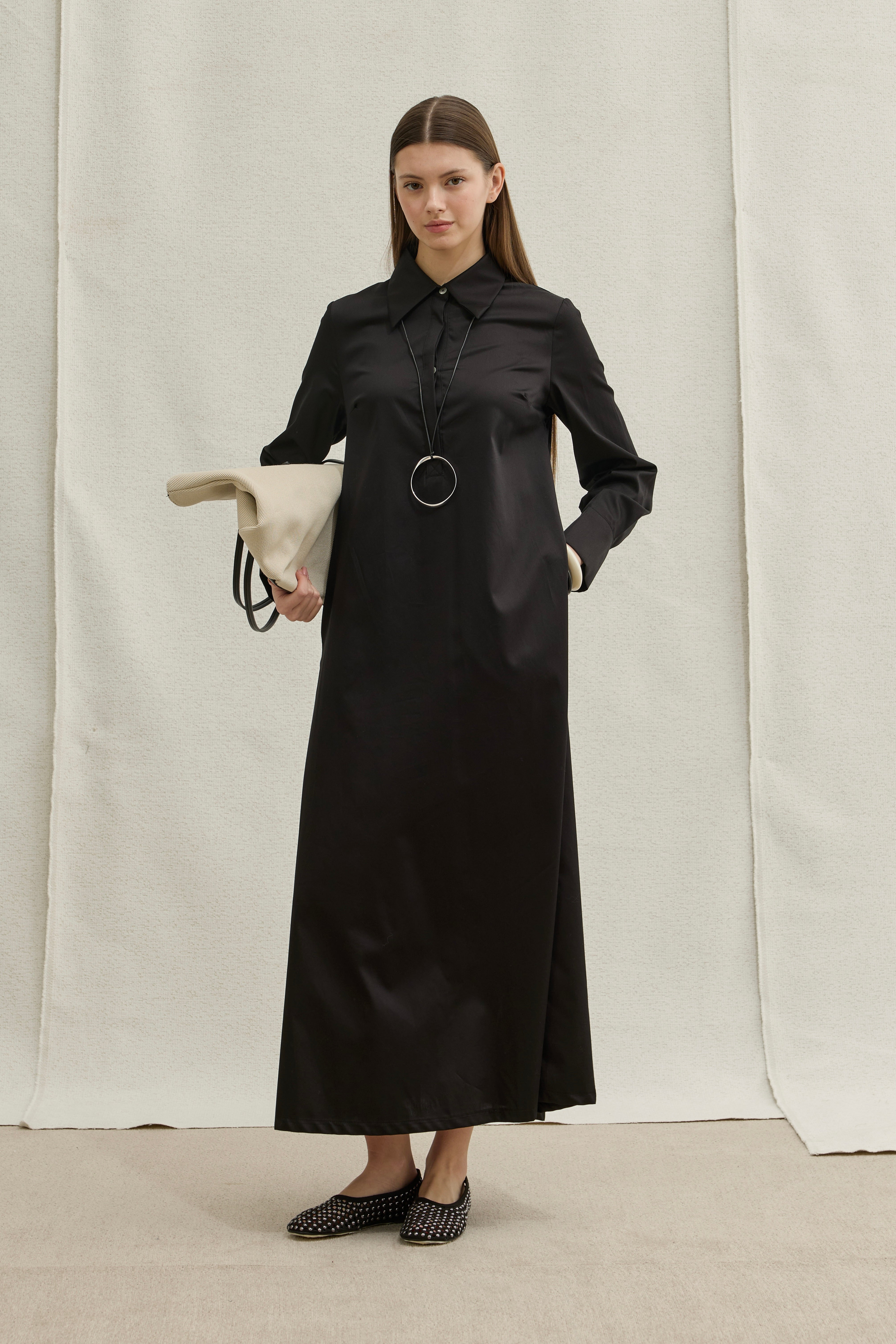 Soft Cotton Yarım Düğmeli Siyah Uzun Gömlek Elbise