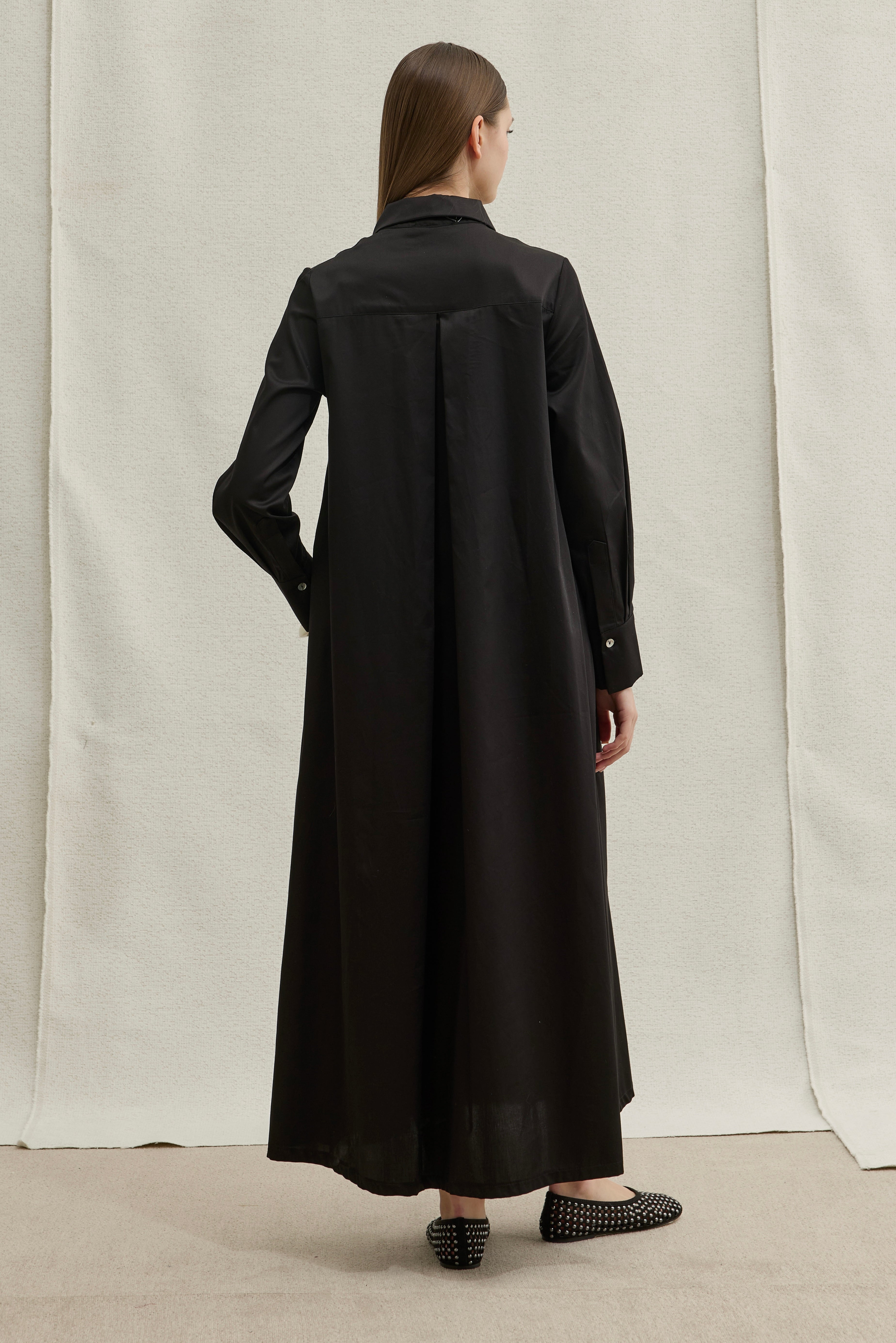 Soft Cotton Yarım Düğmeli Siyah Uzun Gömlek Elbise