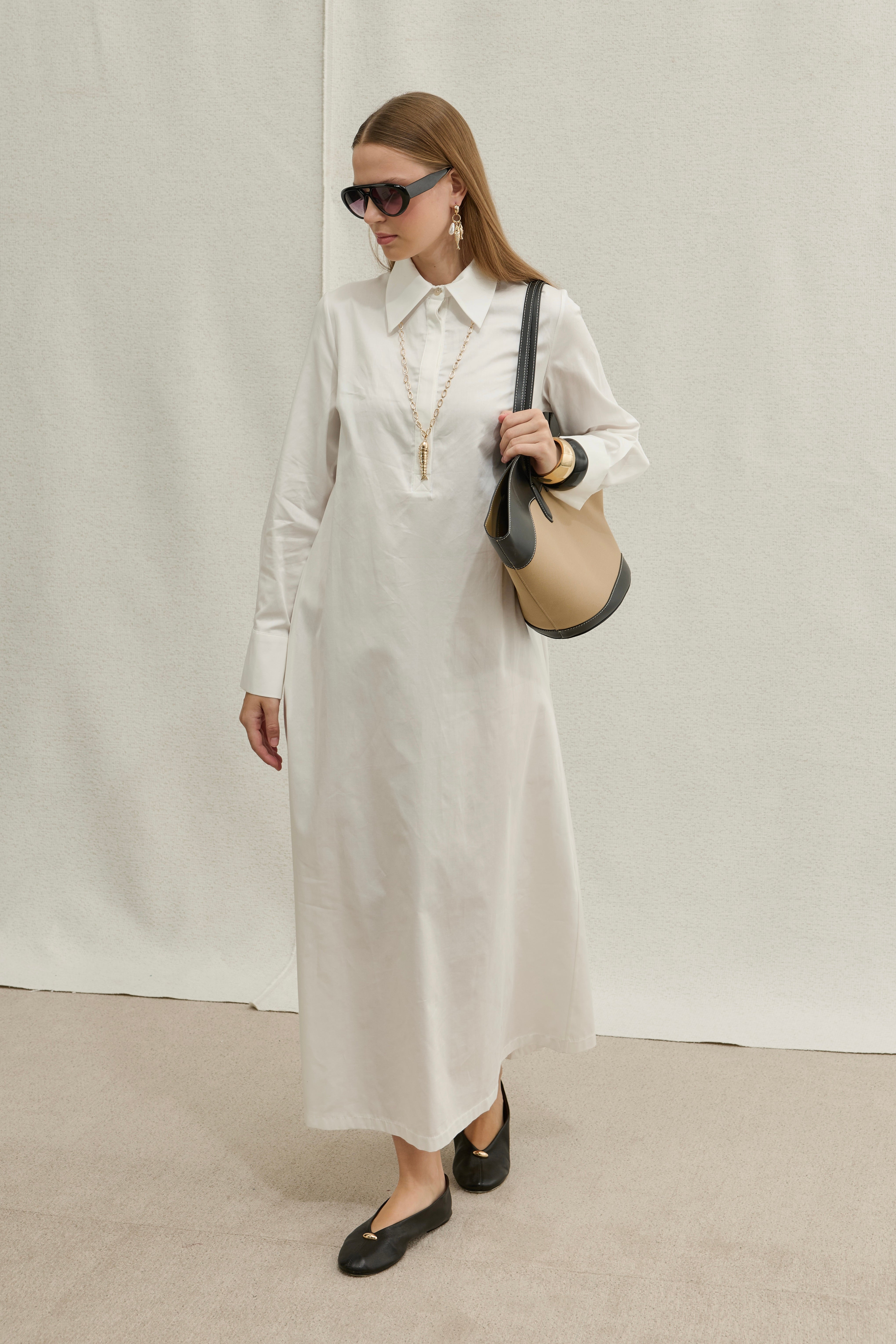 Soft Cotton Yarım Düğmeli Beyaz Uzun Gömlek Elbise