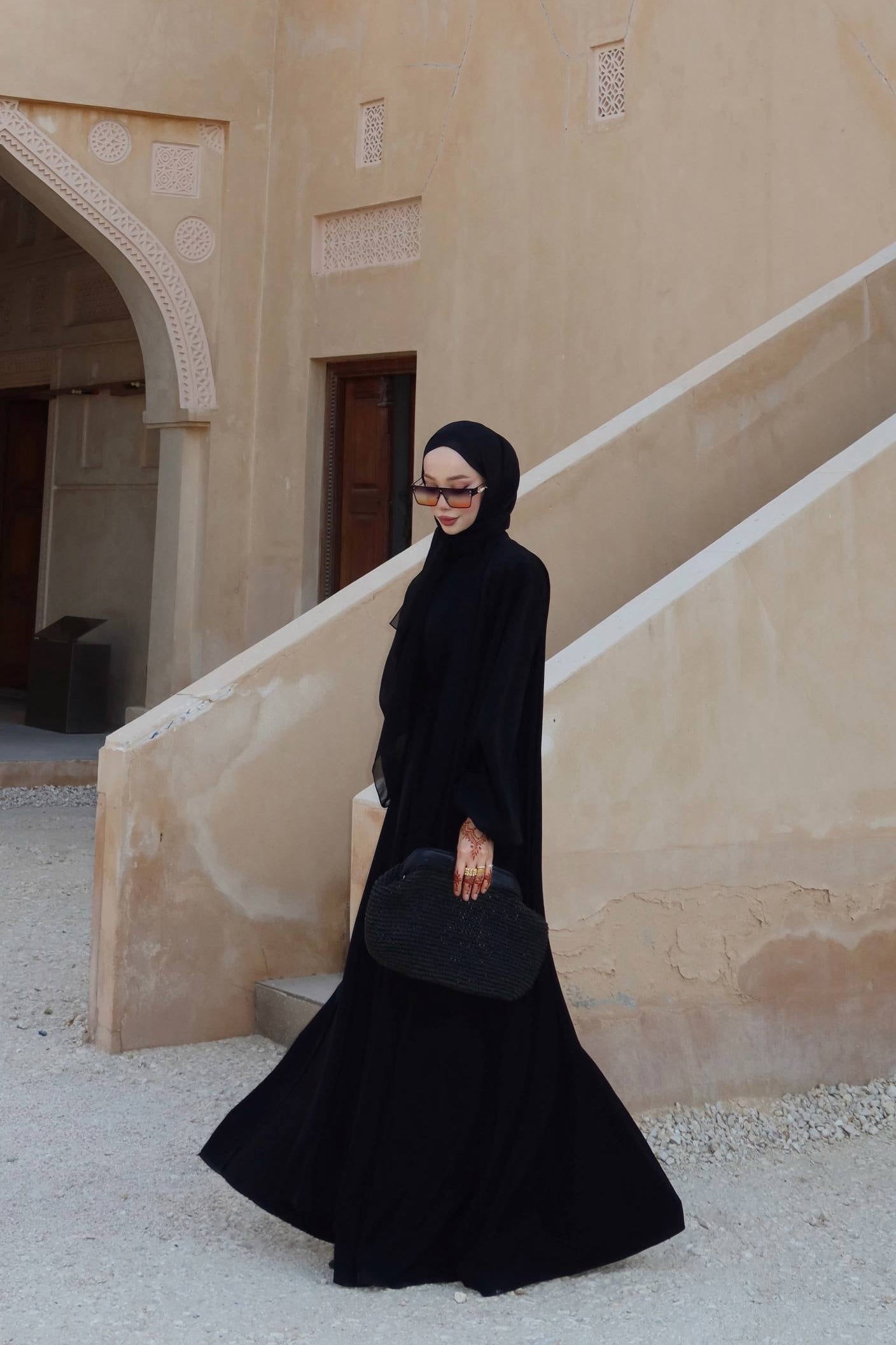 İkili Özel Dökümlü Siyah Abaya Takım