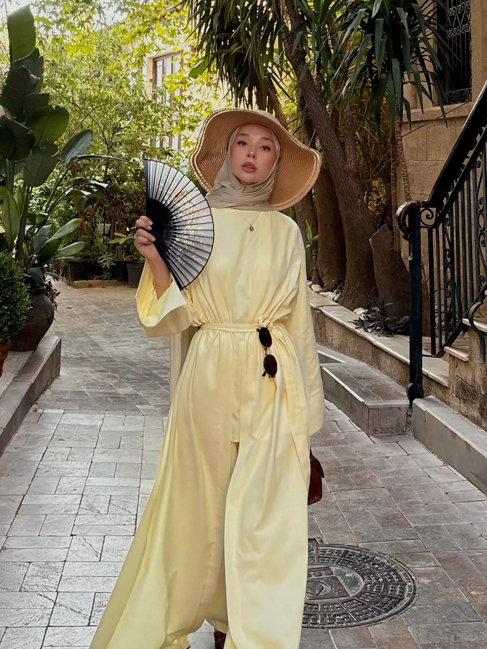 Keten Yırtmaçlı Abaya Nervür Pantolon Sarı Takım