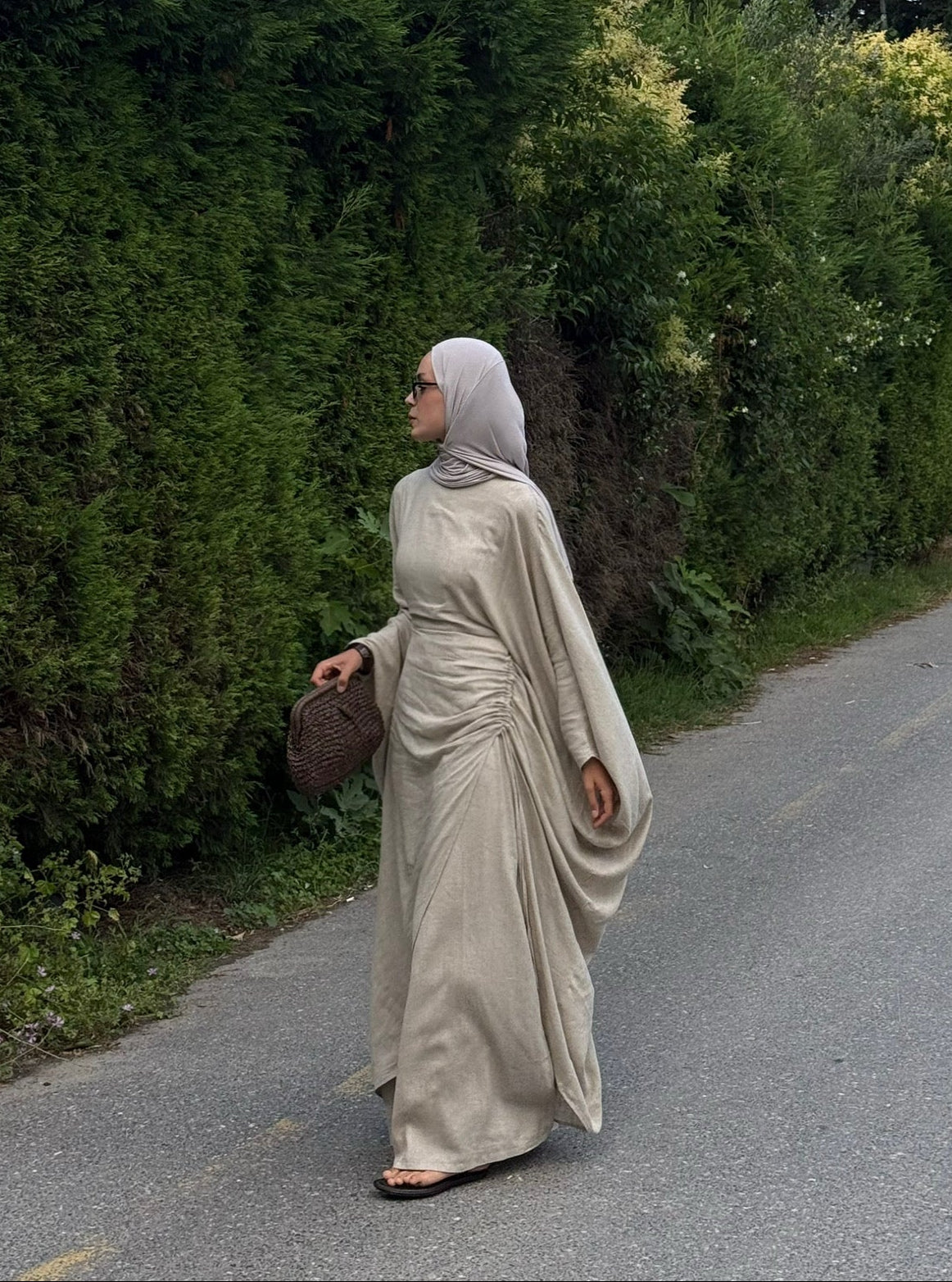 Keten Yarasa Kol Taş Pantolonlu Takım