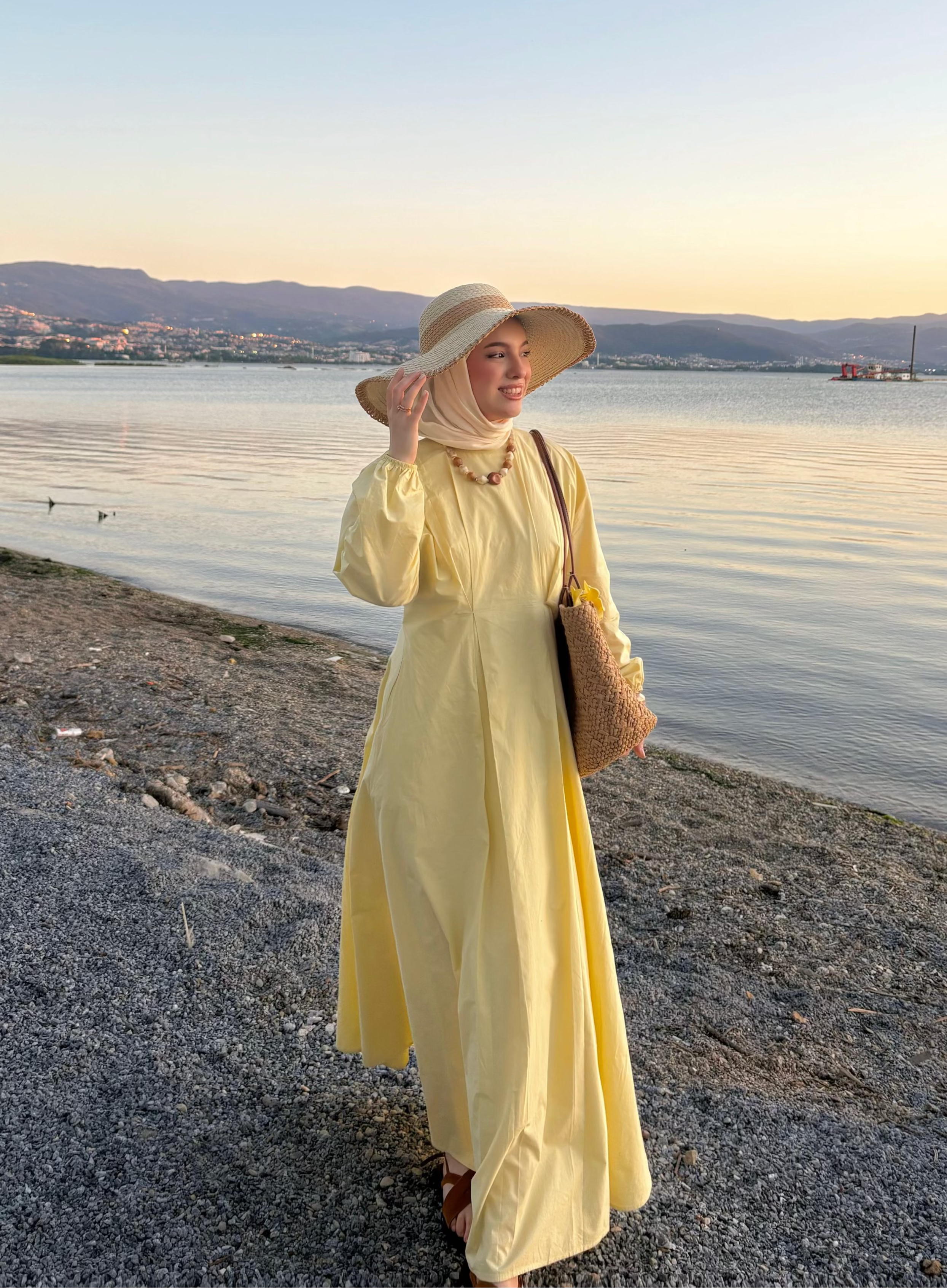 Drapeli Pamuk Vual Astarlı Sarı Poplin Elbise