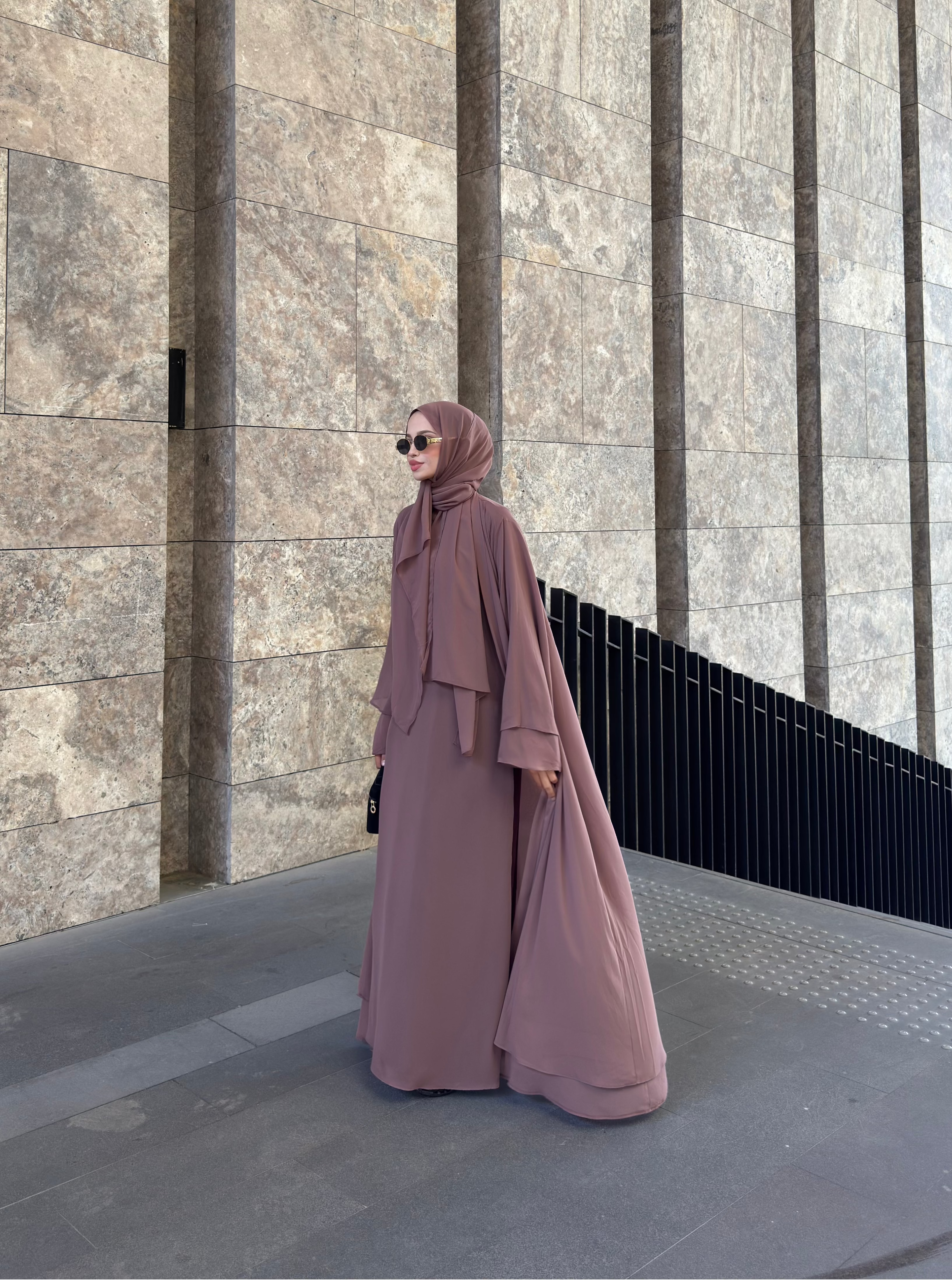 Şifon Elbise Şal Aksesuarlı Gül Kurusu  Üçlü Abaya Takım