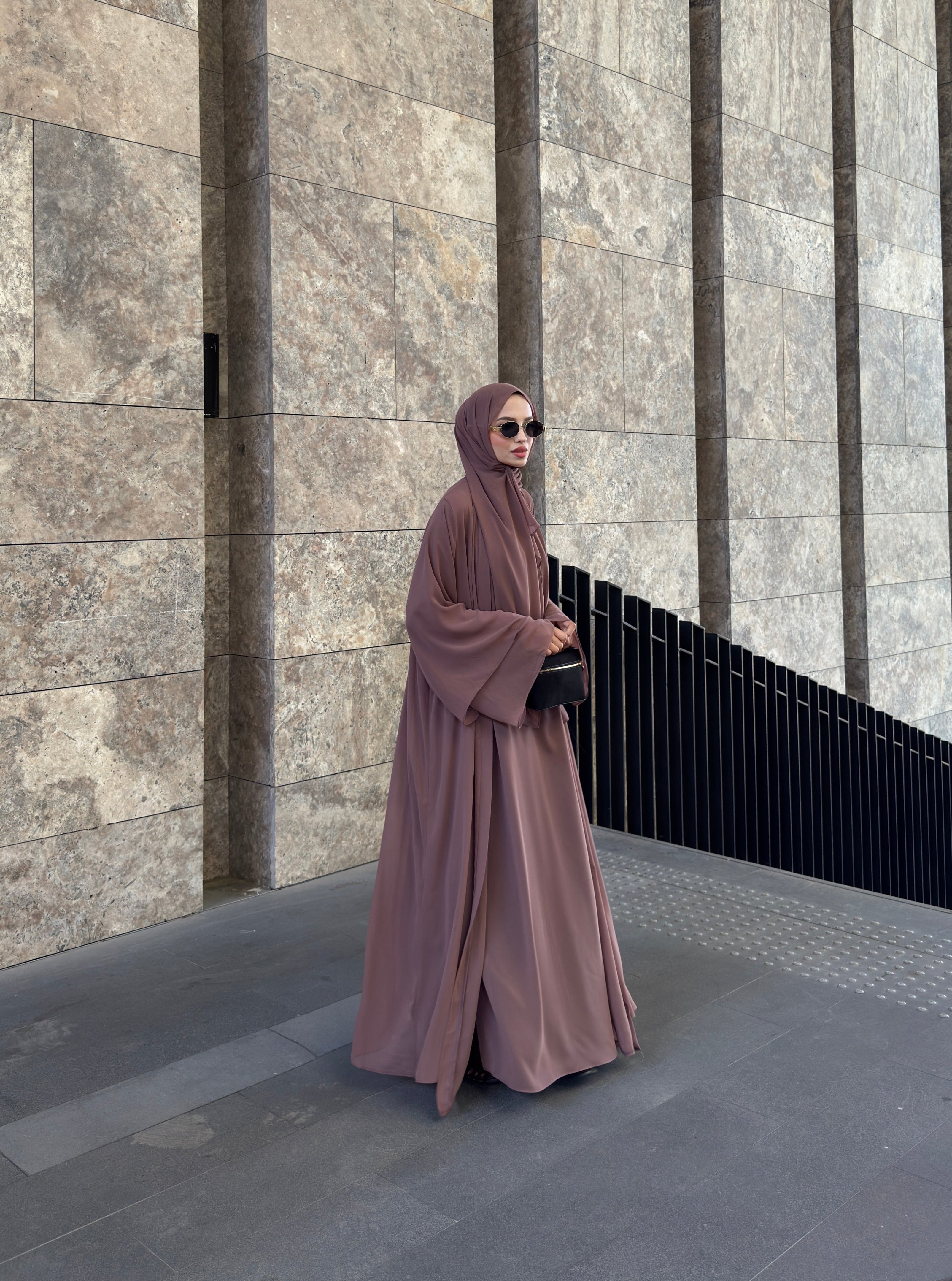 Şifon Elbise Şal Aksesuarlı Gül Kurusu  Üçlü Abaya Takım