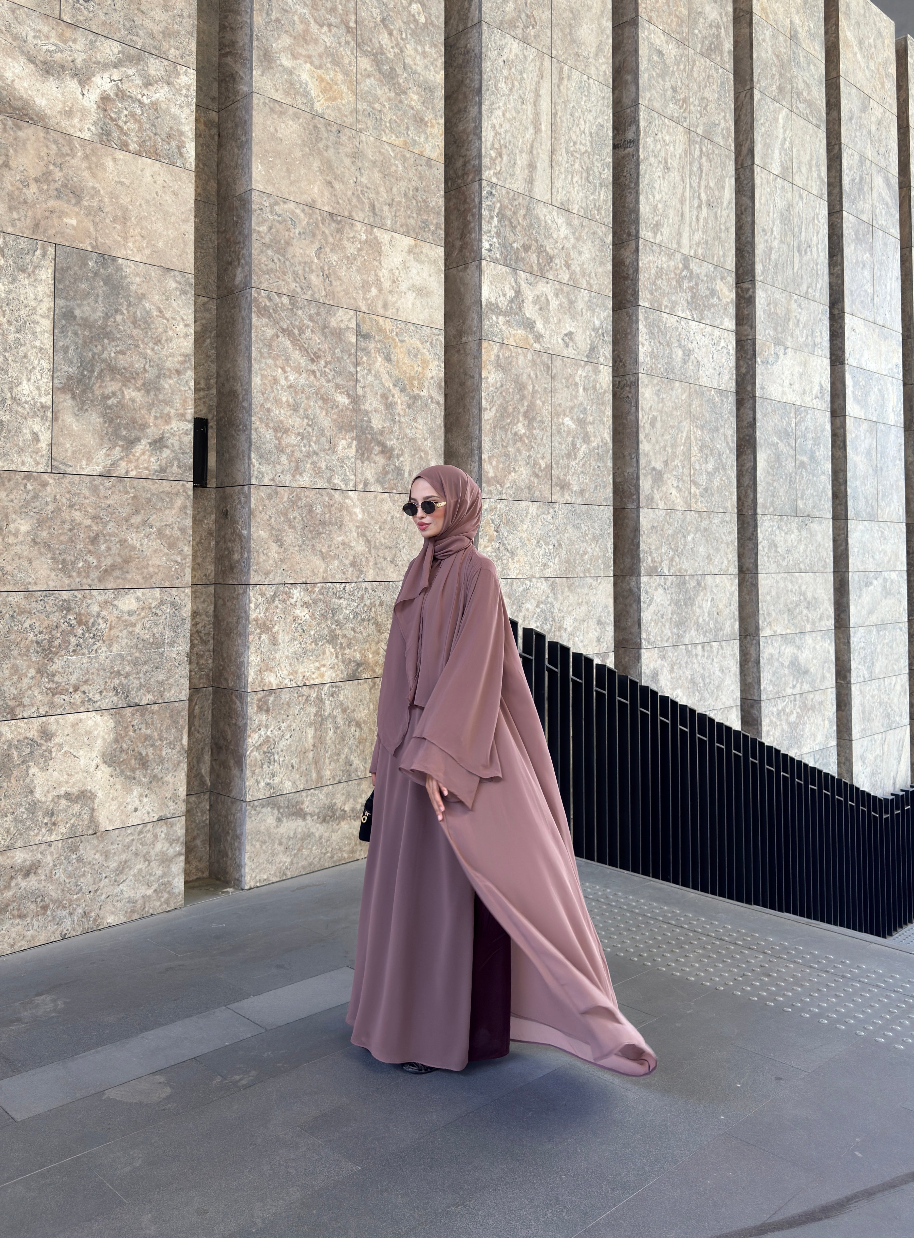 Şifon Elbise Şal Aksesuarlı Gül Kurusu  Üçlü Abaya Takım