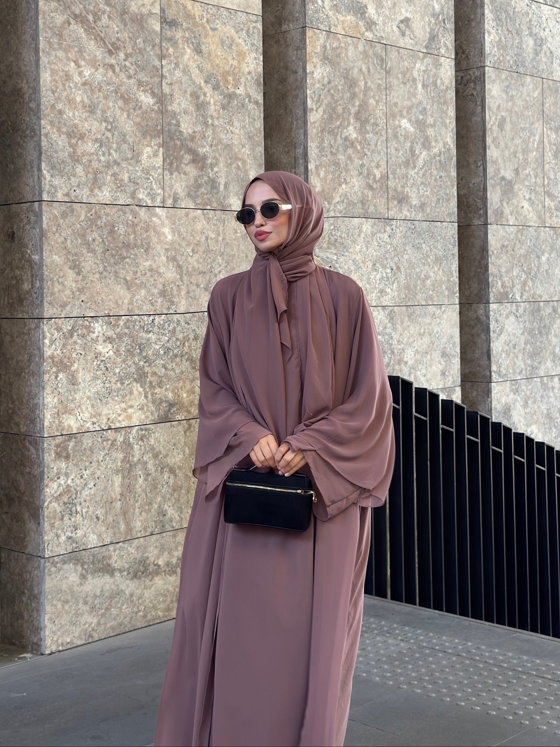 Şifon Elbise Şal Aksesuarlı Gül Kurusu  Üçlü Abaya Takım
