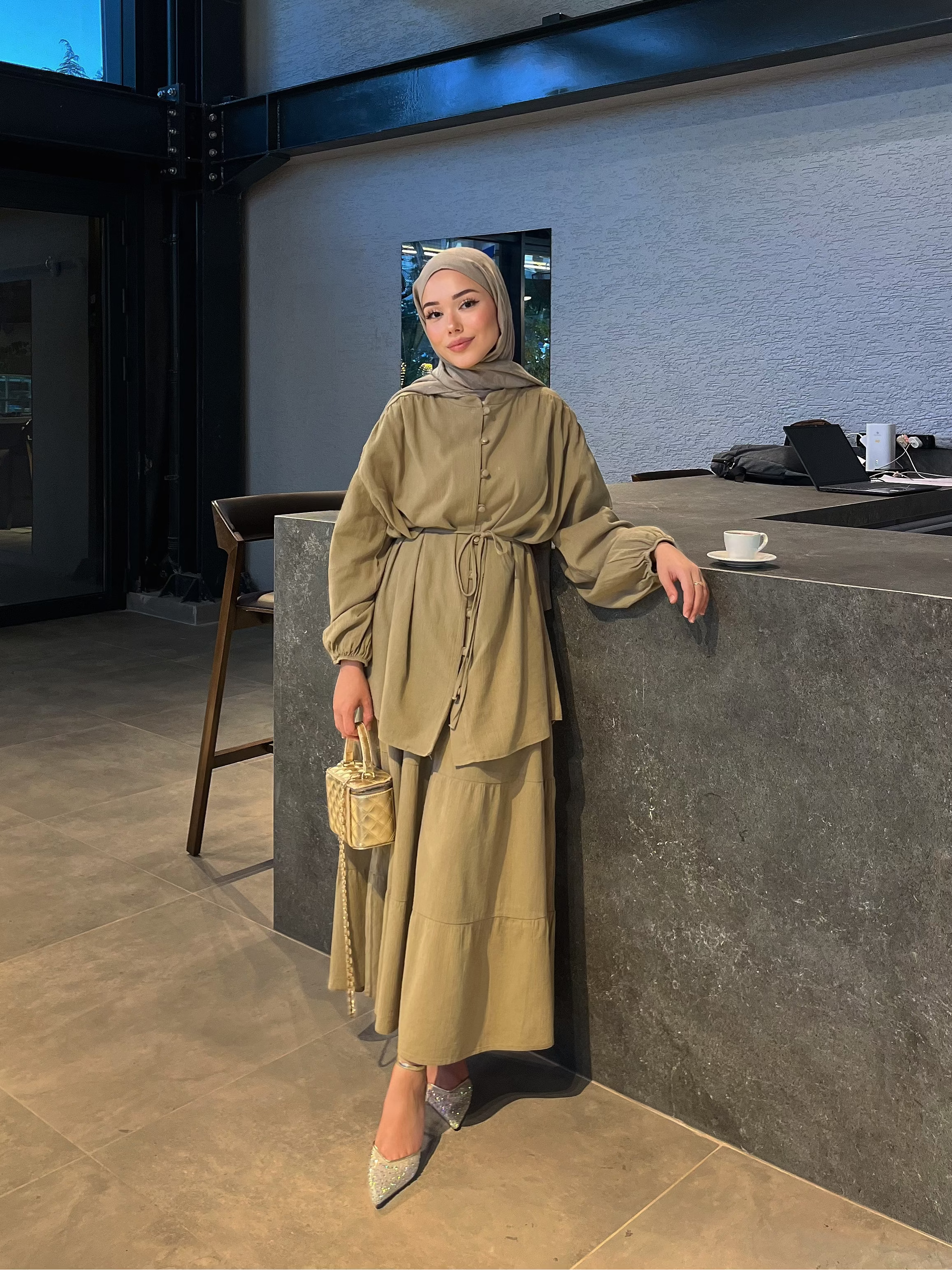Bürümcük Keten Önden Düğmeli Kahverengi Tunik Etek Takım