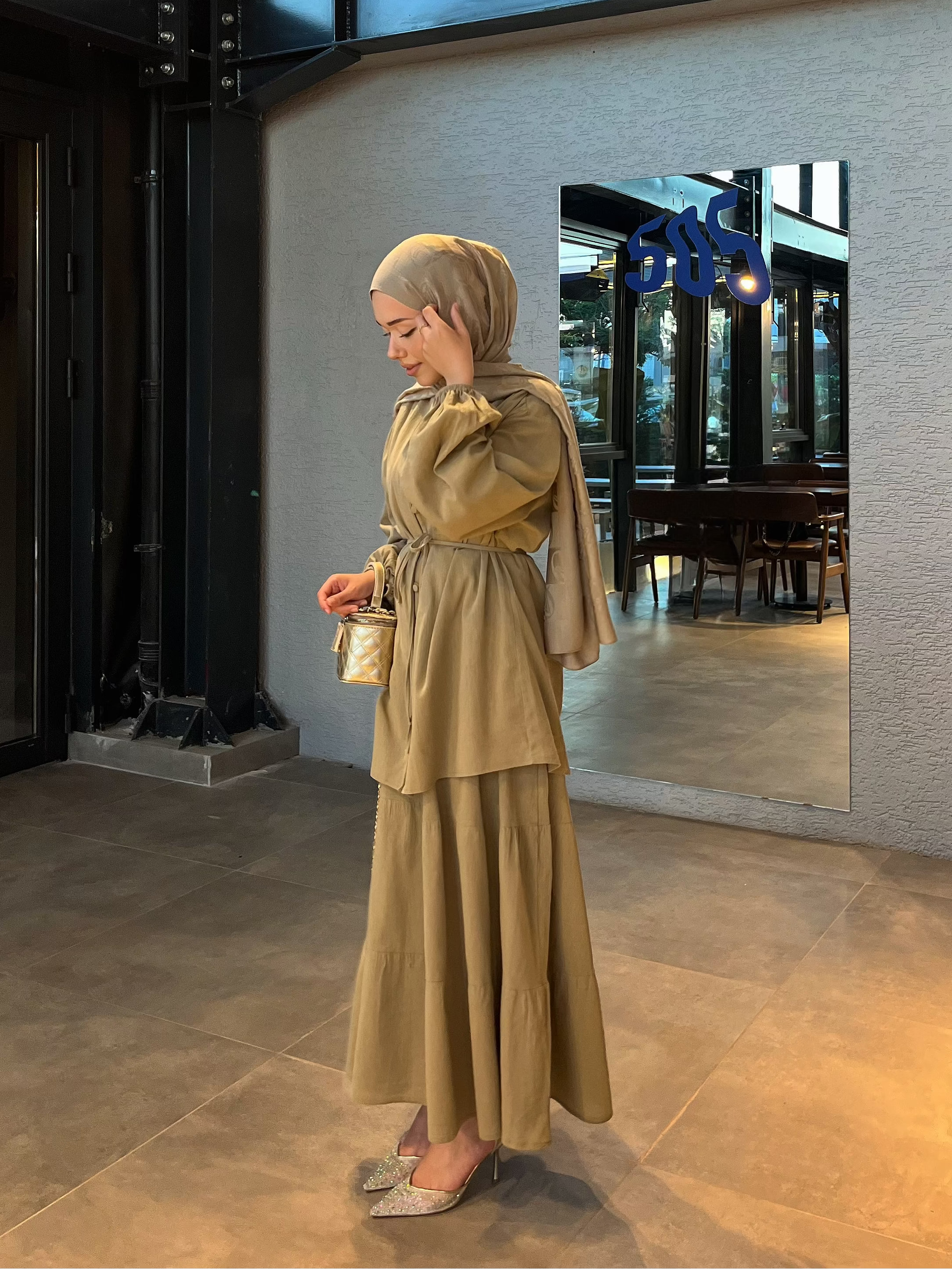 Bürümcük Keten Önden Düğmeli Kahverengi Tunik Etek Takım