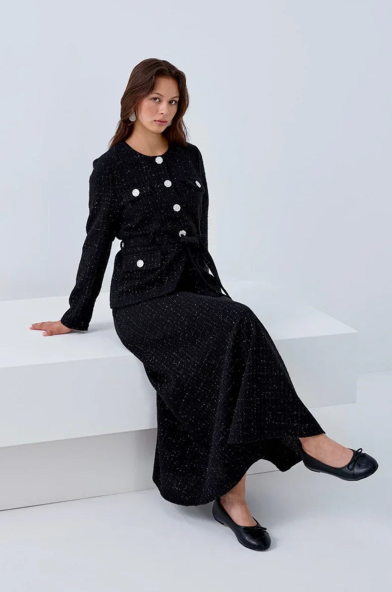 Simli Cep Düğmeli Etek Takım