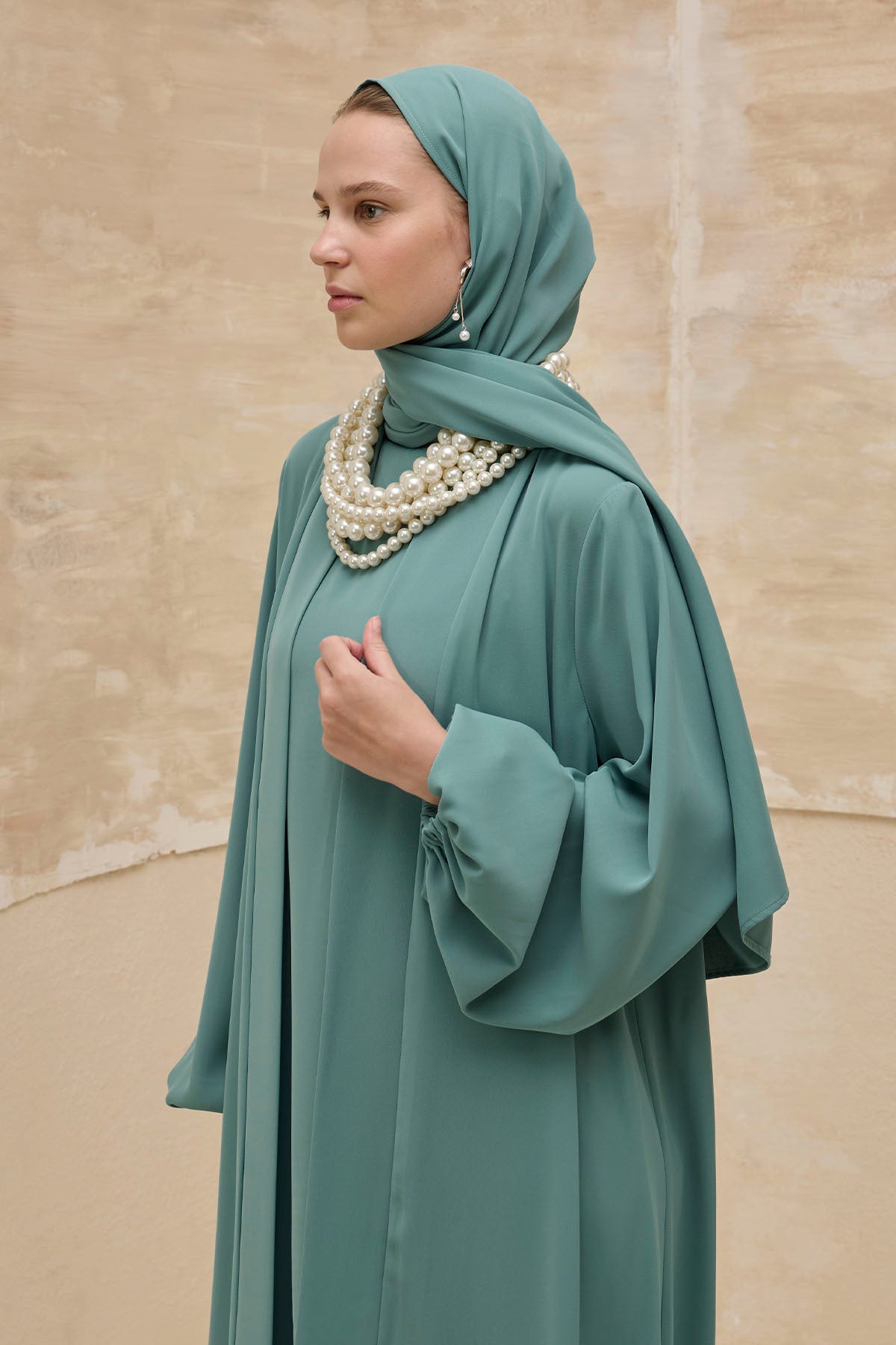İkili Özel Dökümlü Mint Yeşili Abaya Takım