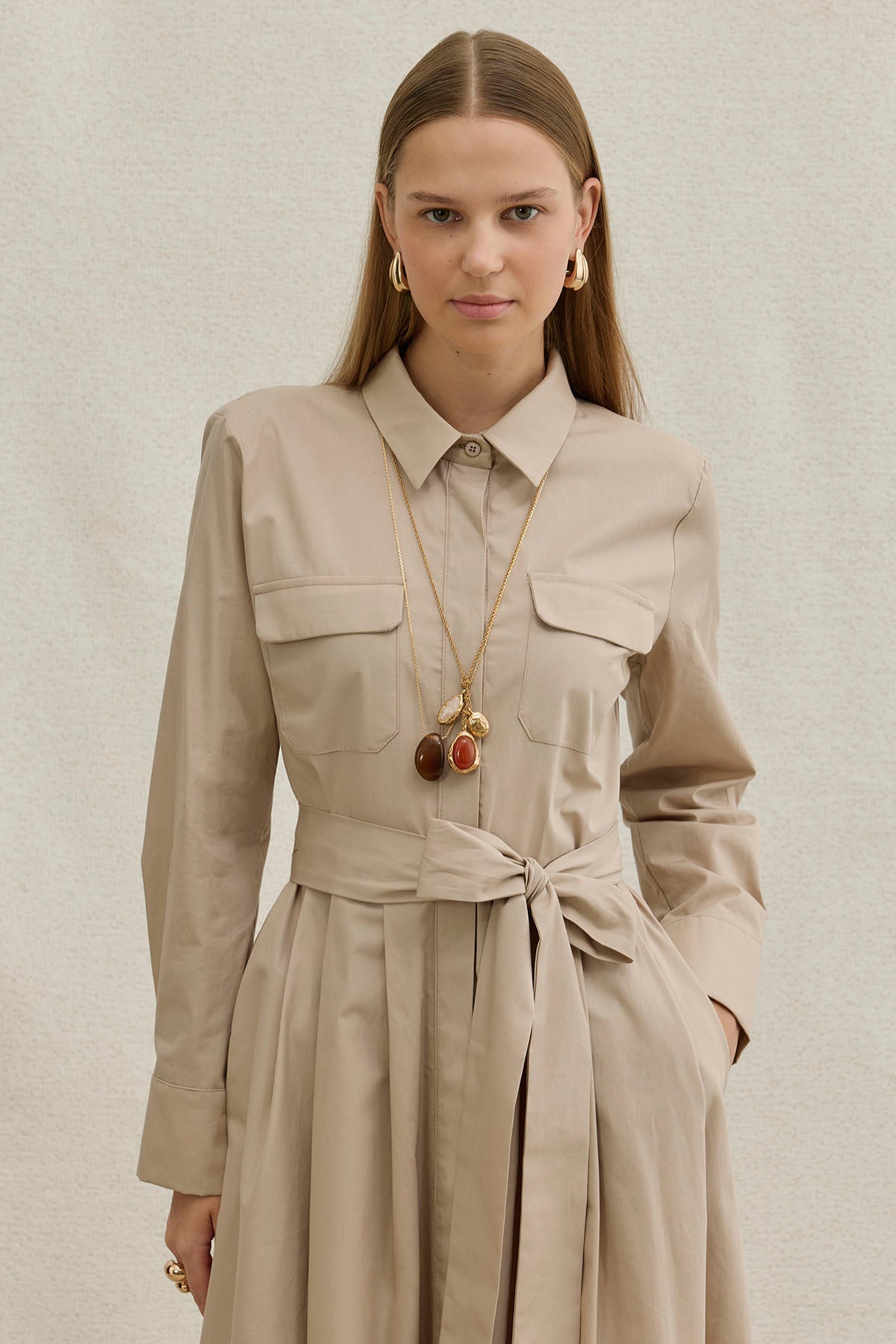 Soft Cotton Kuşaklı Uzun Taş Elbise