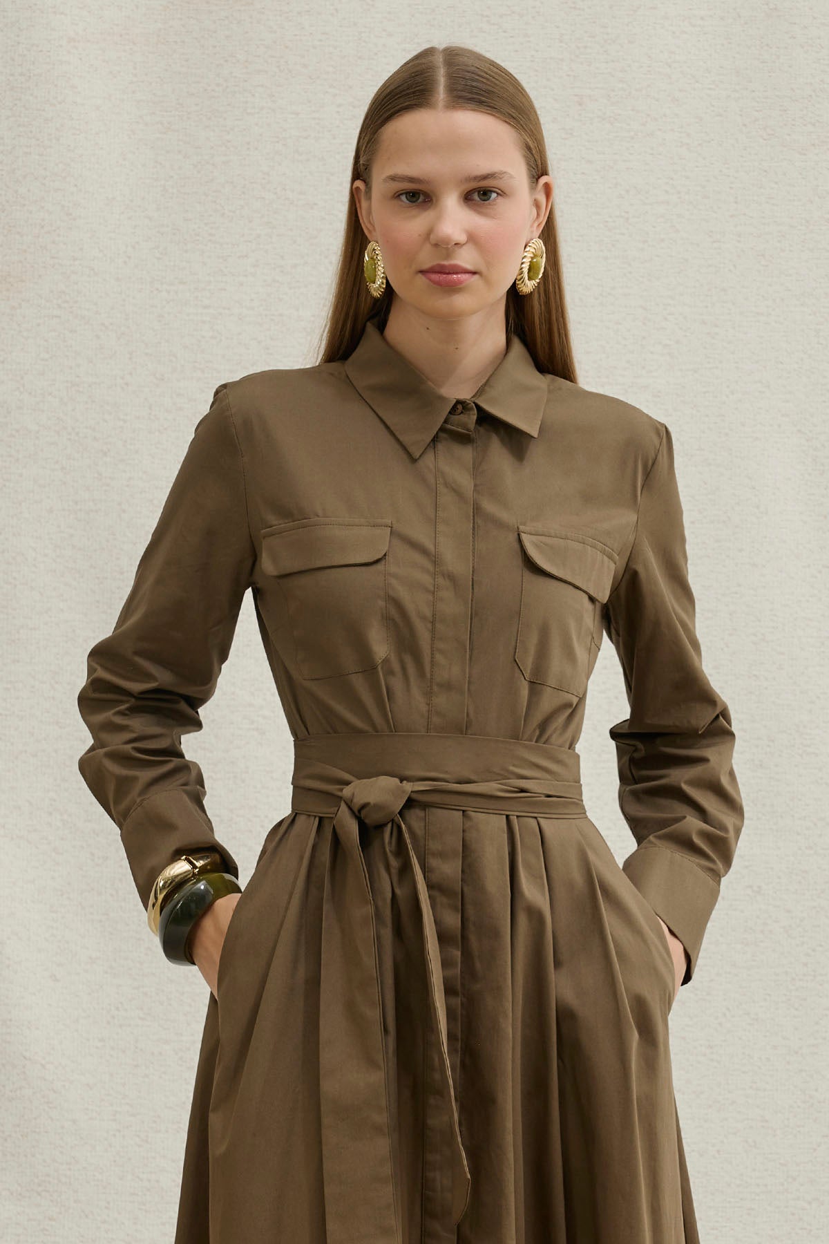 Soft Cotton Long Khaki Dress with Belt